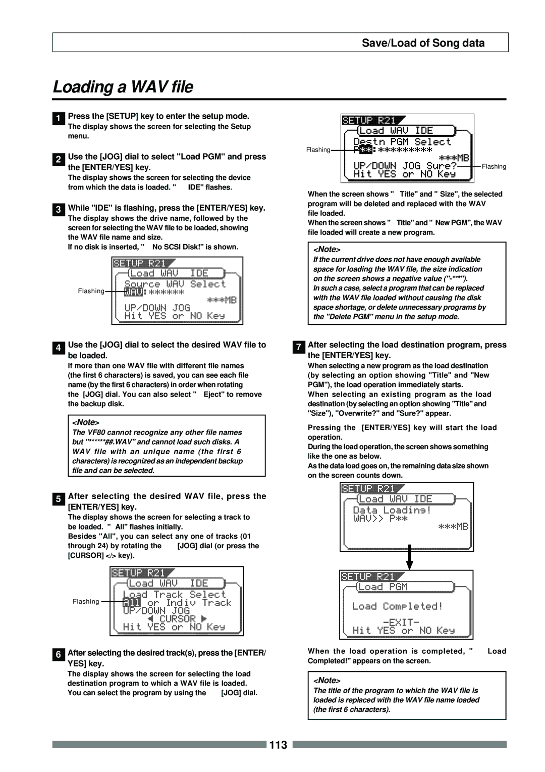 Fostex VF80 owner manual Loading a WAV file, Use the JOG dial to select Load PGM and press ENTER/YES key 