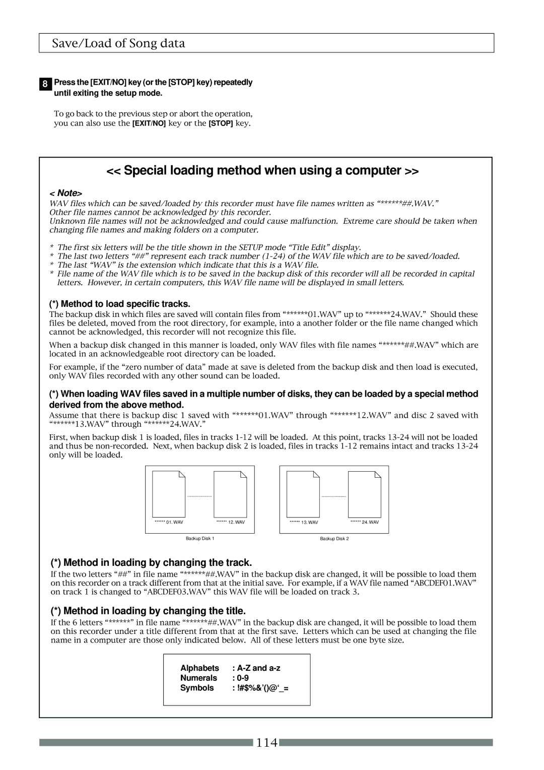 Fostex VF80 owner manual Method to load specific tracks, Alphabets A-z Numerals Symbols #$%&’@‘= 