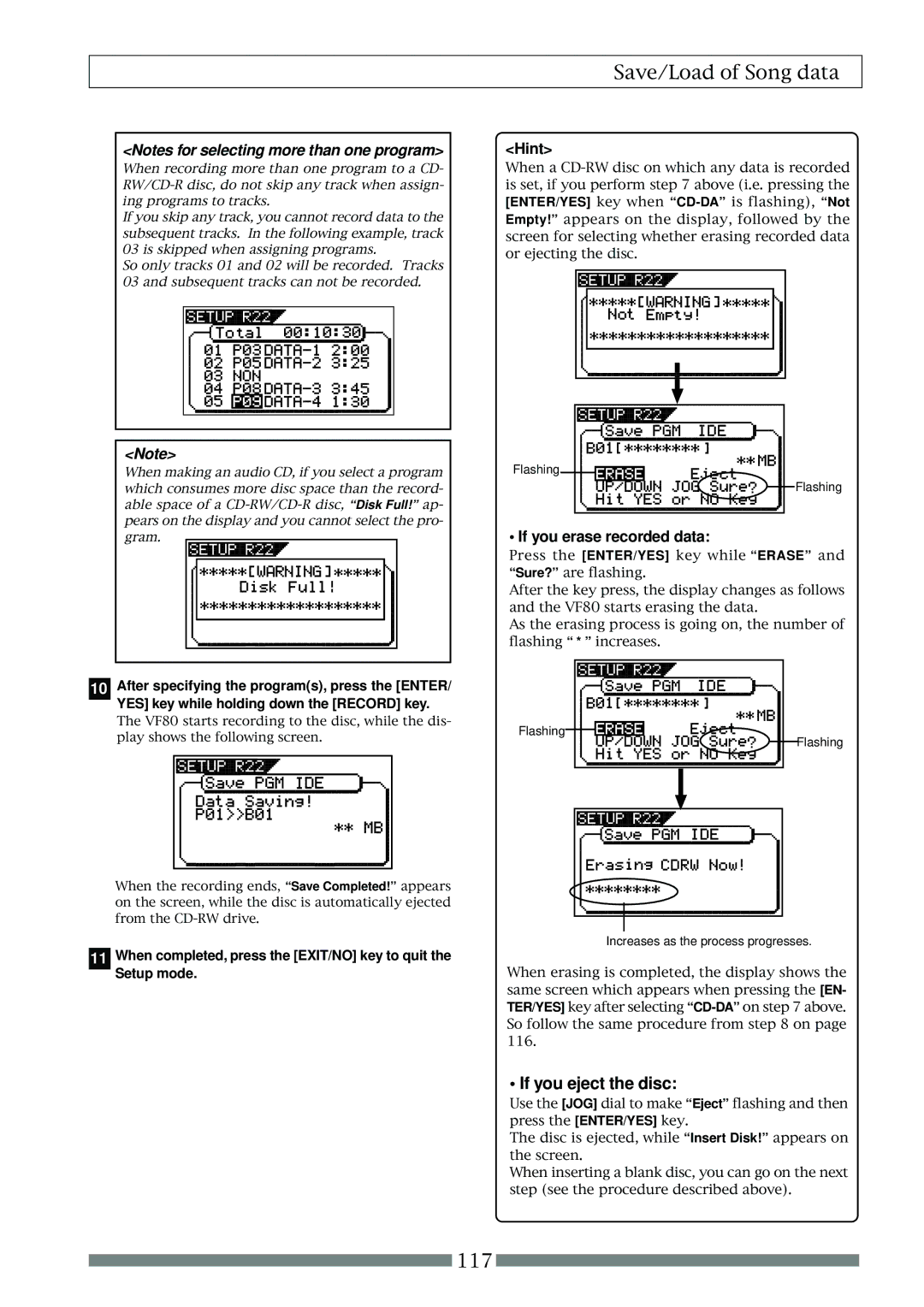 Fostex VF80 owner manual If you erase recorded data, Press the ENTER/YES key while Erase and Sure? are flashing 