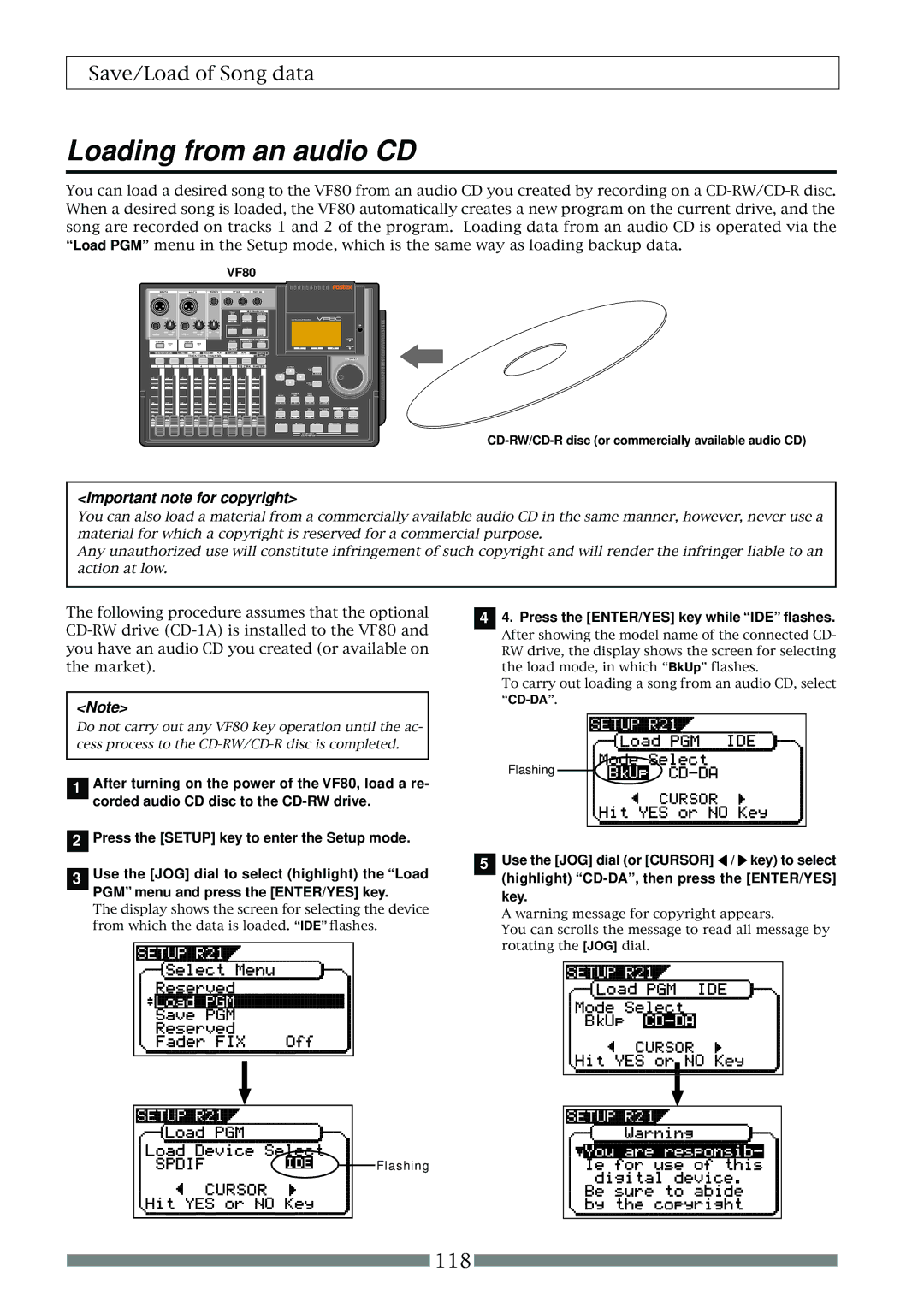 Fostex VF80 owner manual Loading from an audio CD, Press the ENTER/YES key while IDE flashes, Cd-Da 