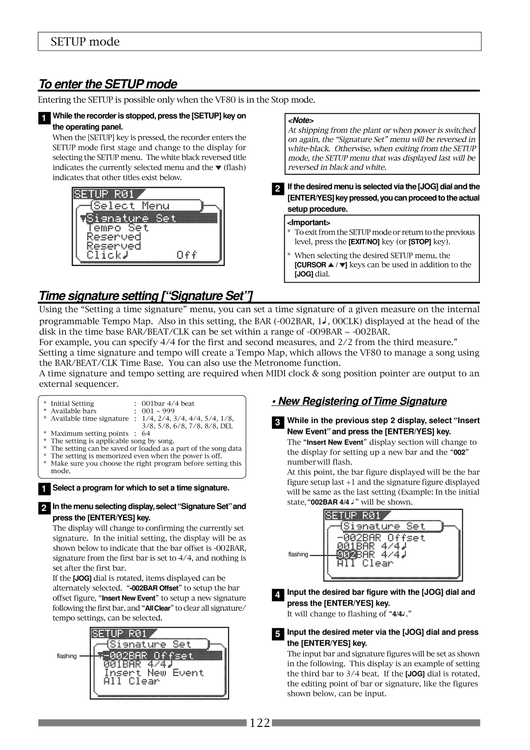 Fostex VF80 owner manual To enter the Setup mode, Time signature setting Signature Set, JOG dial 