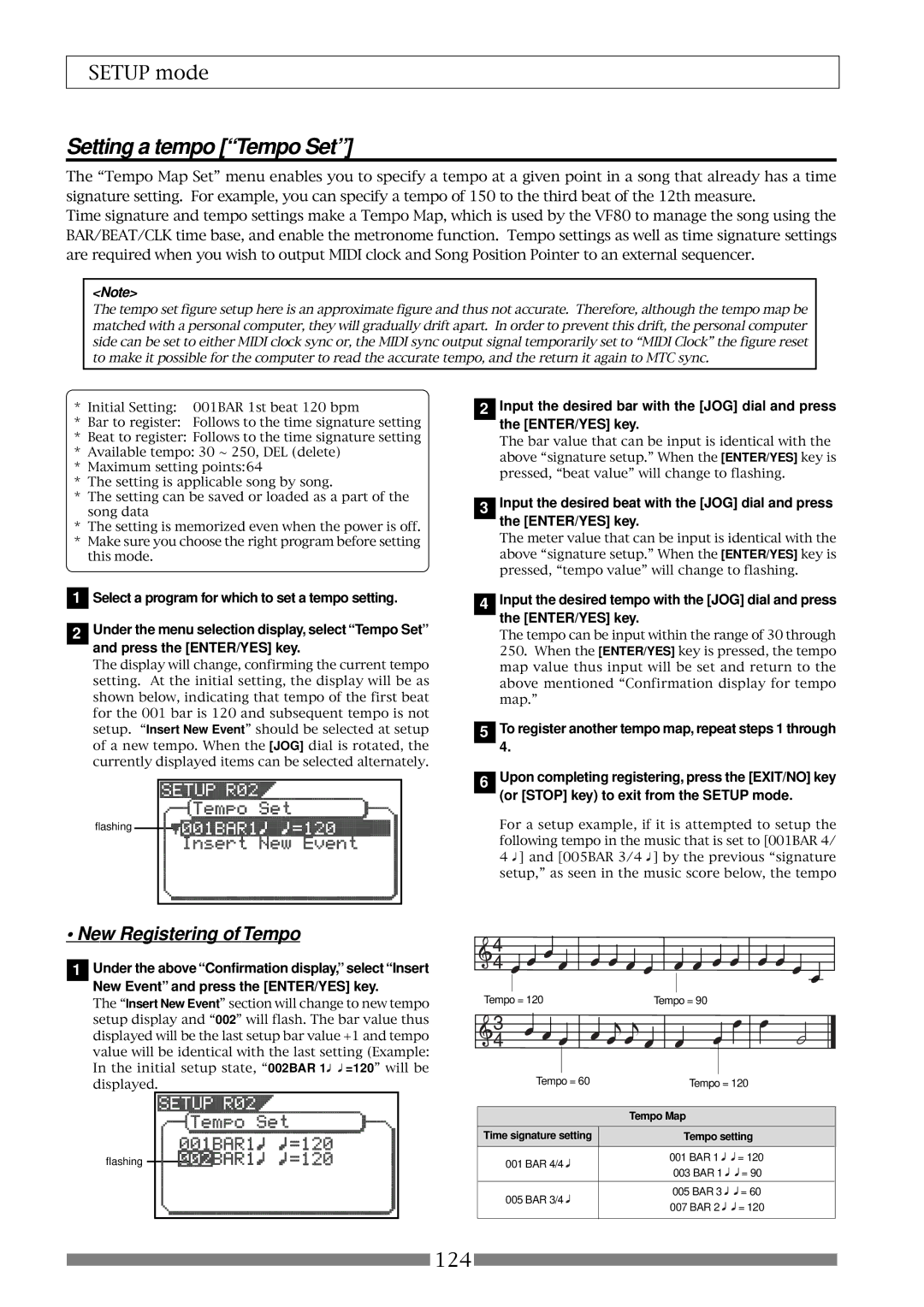 Fostex VF80 owner manual Setting a tempo Tempo Set, New Registering of Tempo 