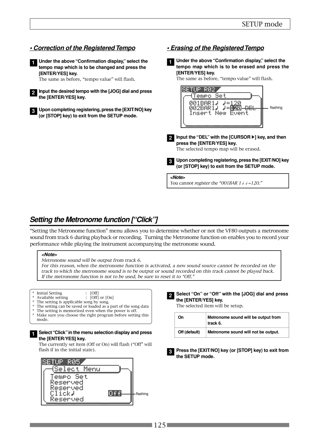 Fostex VF80 owner manual Setting the Metronome function Click, Track, Off default Metronome sound will not be output 