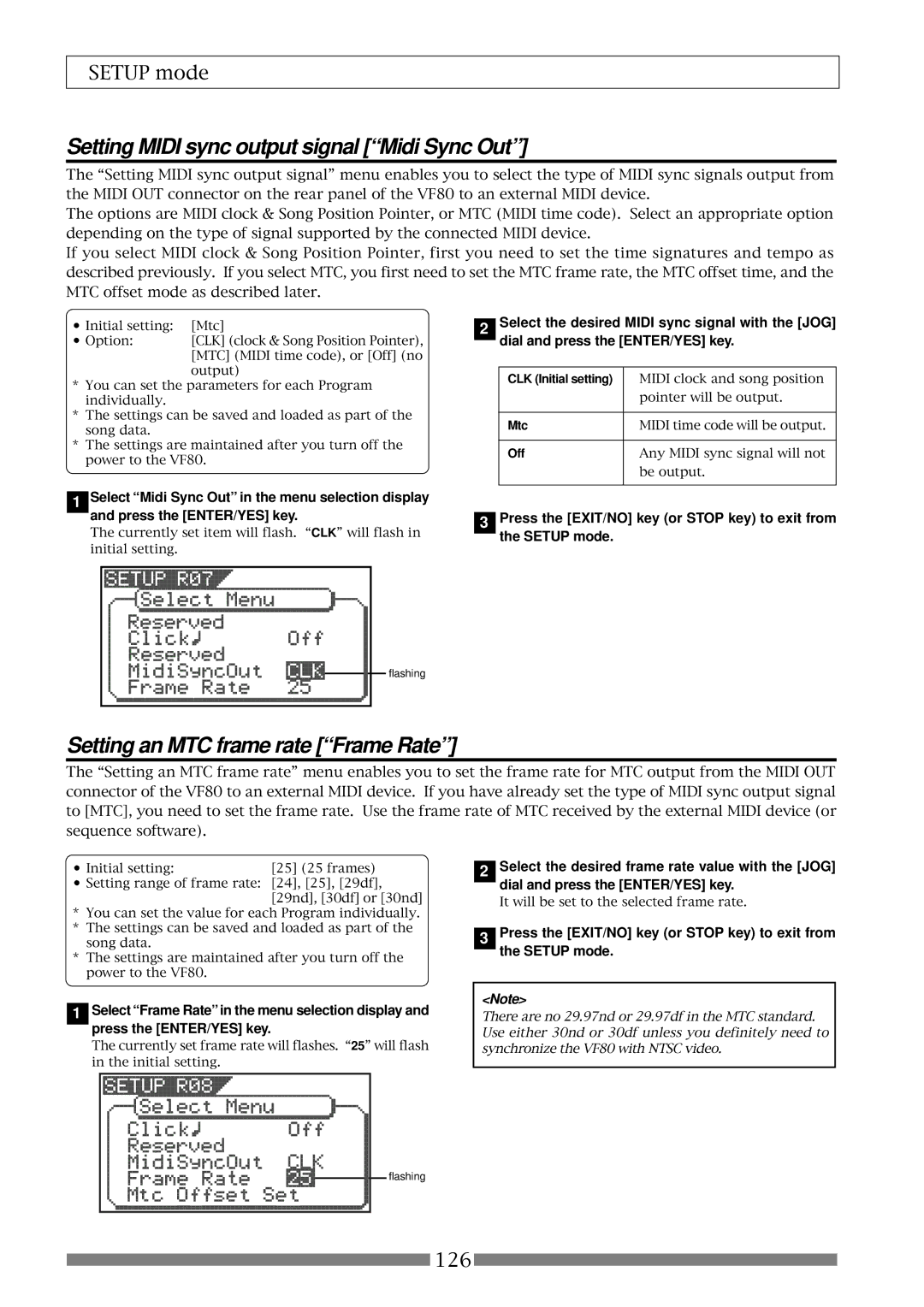 Fostex VF80 owner manual Setting Midi sync output signal Midi Sync Out, Setting an MTC frame rate Frame Rate, Mtc, Off 