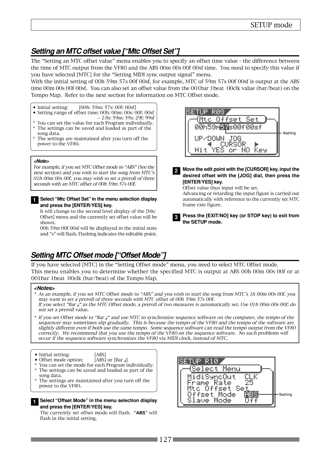 Fostex VF80 owner manual Setting an MTC offset value Mtc Offset Set, Setting MTC Offset mode Offset Mode 