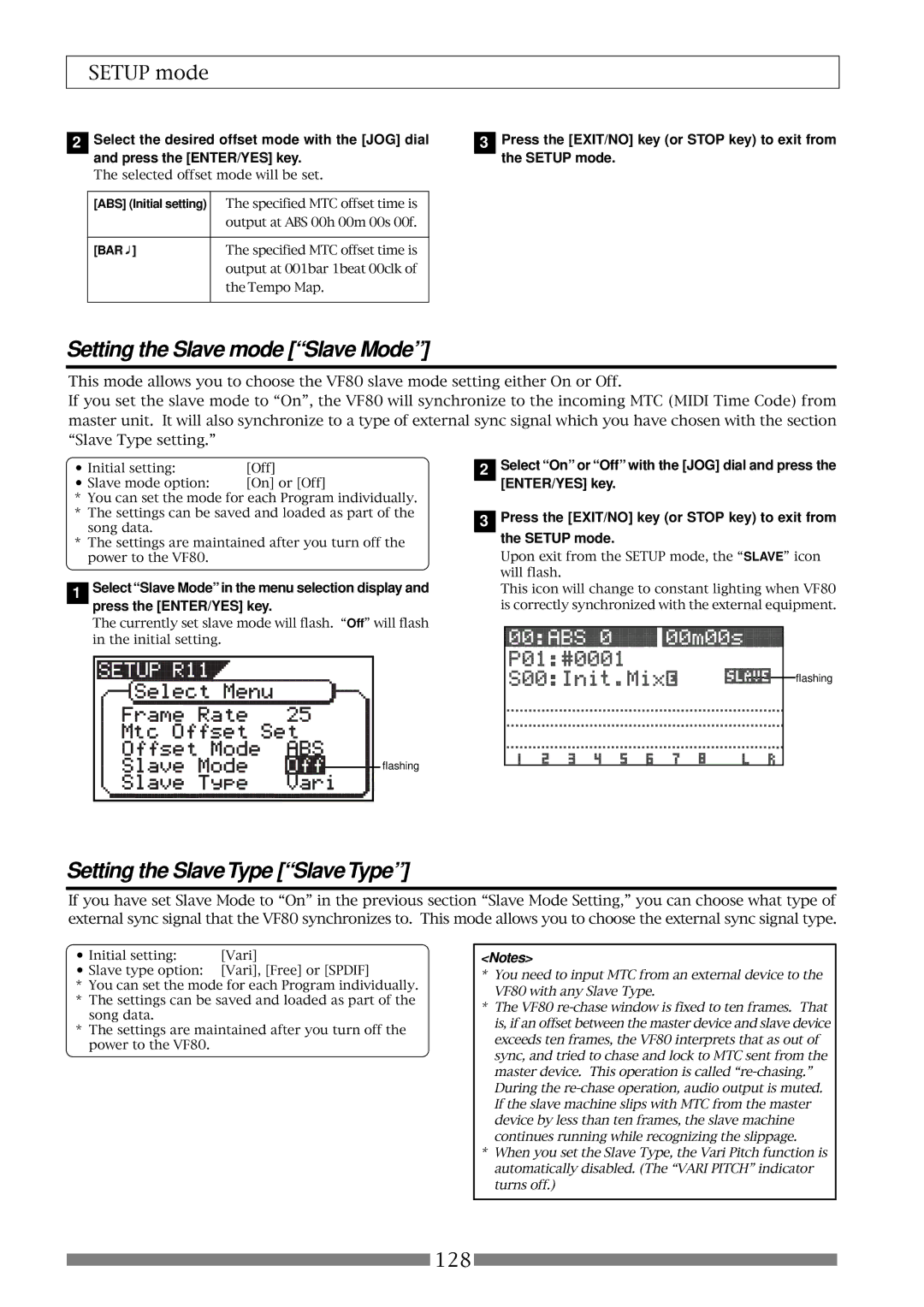 Fostex VF80 owner manual Setting the Slave mode Slave Mode, Setting the SlaveType SlaveType 