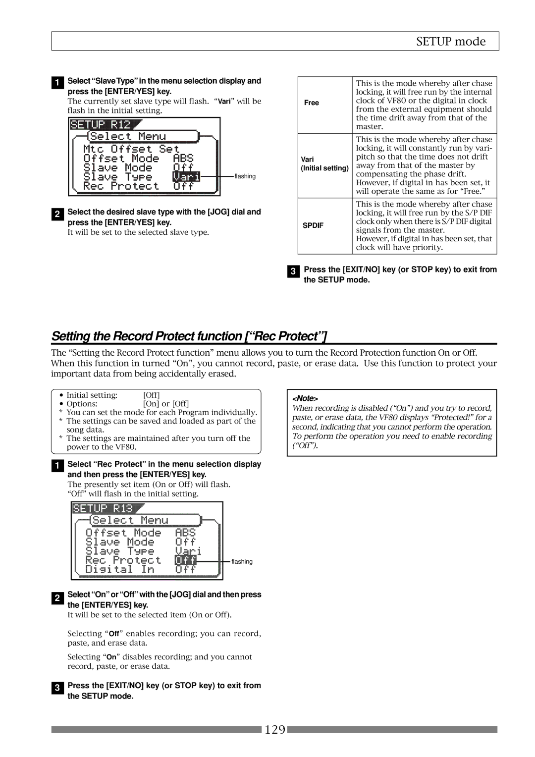 Fostex VF80 owner manual Setting the Record Protect function Rec Protect, Free, Vari 