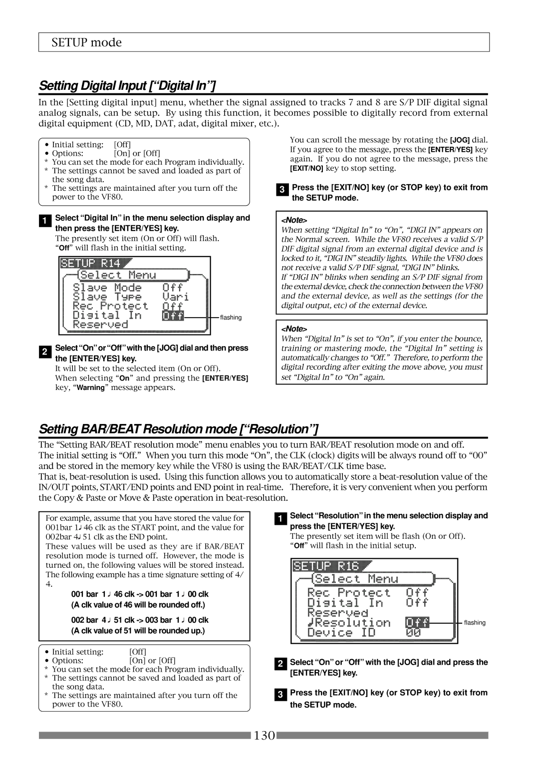 Fostex VF80 owner manual Setting Digital Input Digital, Setting BAR/BEAT Resolution mode Resolution 