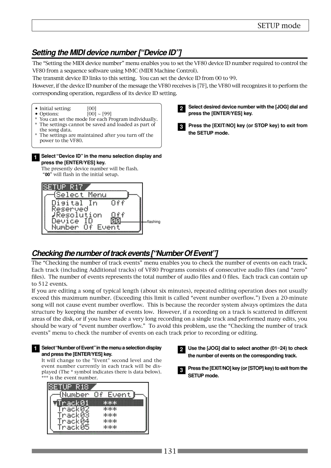 Fostex VF80 owner manual Setting the Midi device number Device ID, Checking the number of track events Number Of Event 