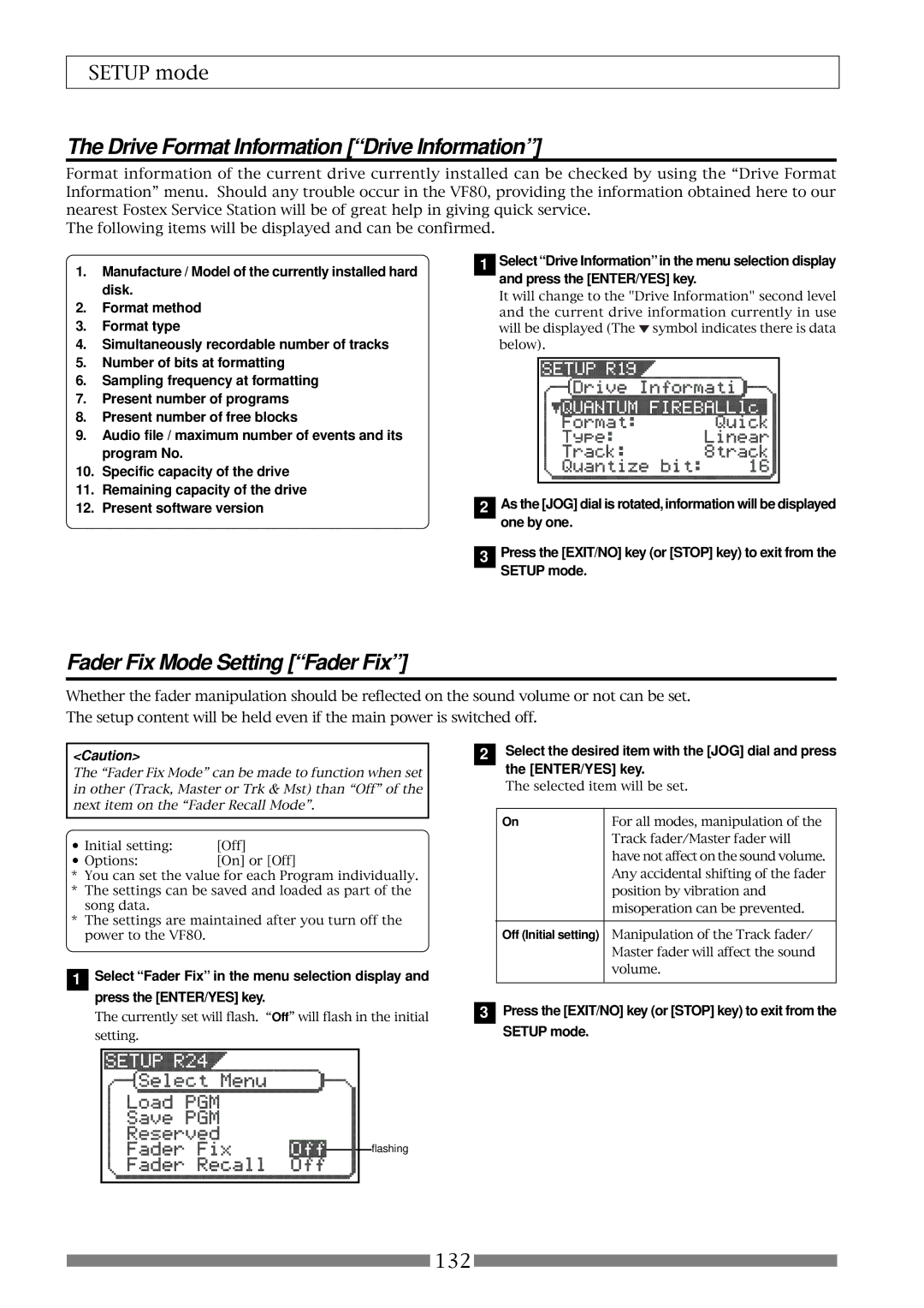 Fostex VF80 owner manual Drive Format Information Drive Information, Fader Fix Mode Setting Fader Fix 