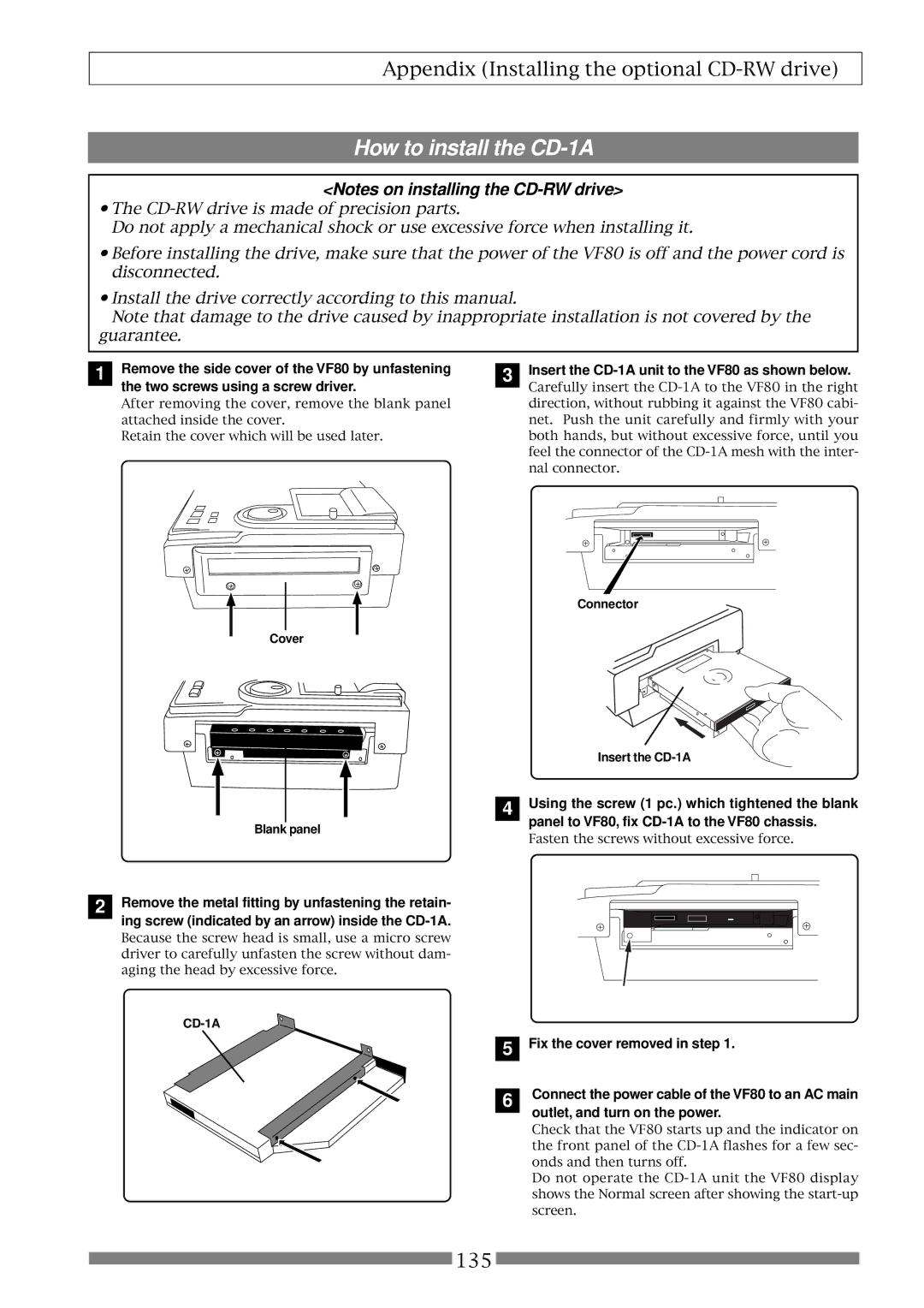 Fostex owner manual How to install the CD-1A, Insert the CD-1A unit to the VF80 as shown below 