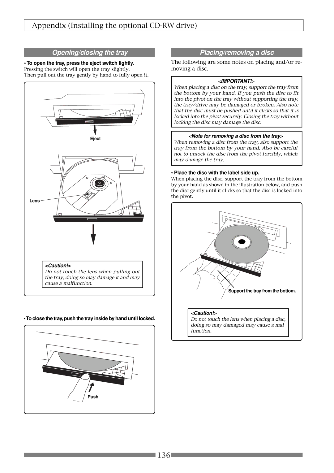 Fostex VF80 Opening/closing the tray, Placing/removing a disc, To open the tray, press the eject switch lightly 