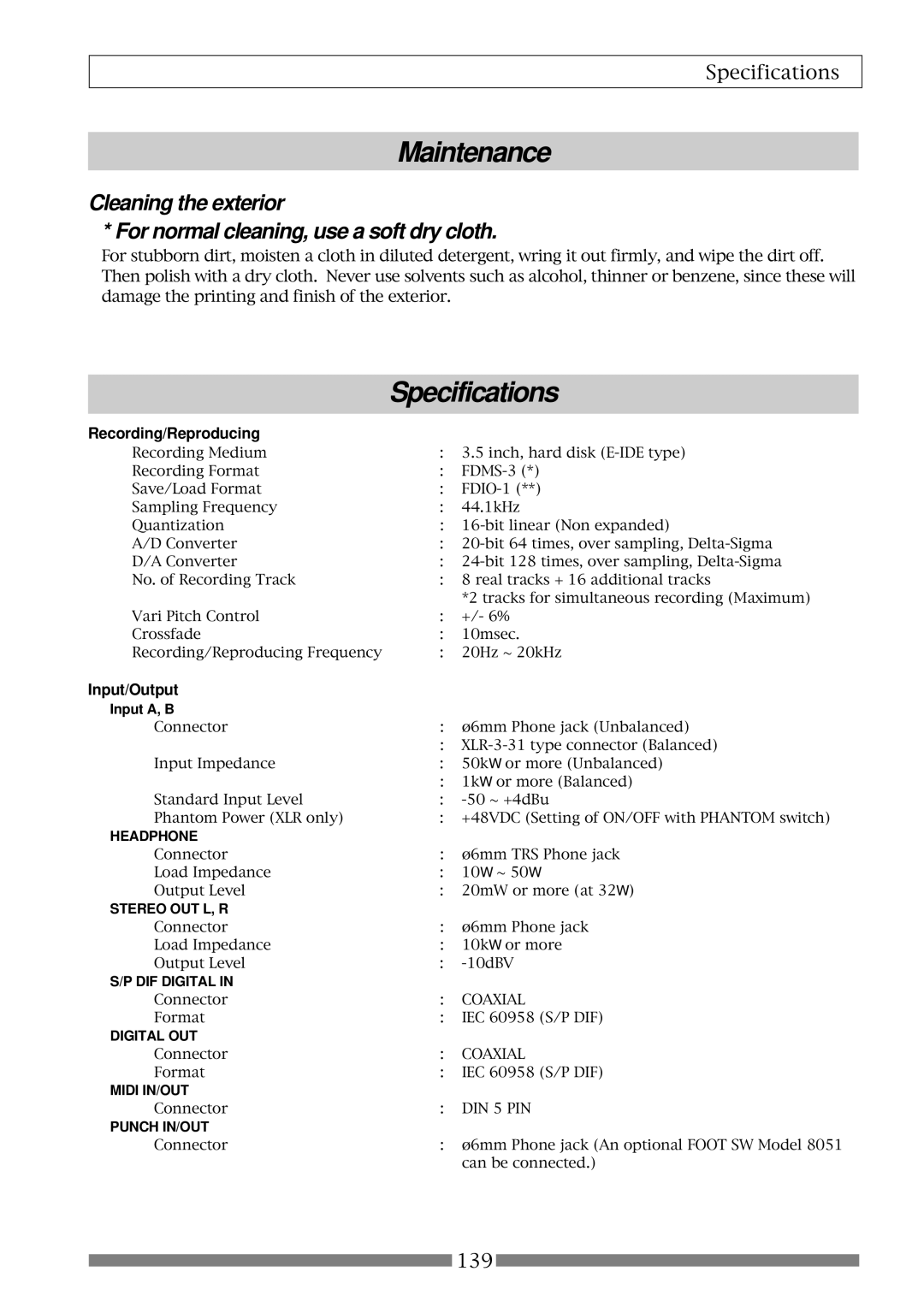 Fostex VF80 owner manual Maintenance, Specifications, Recording/Reproducing, Input/Output, Input A, B 