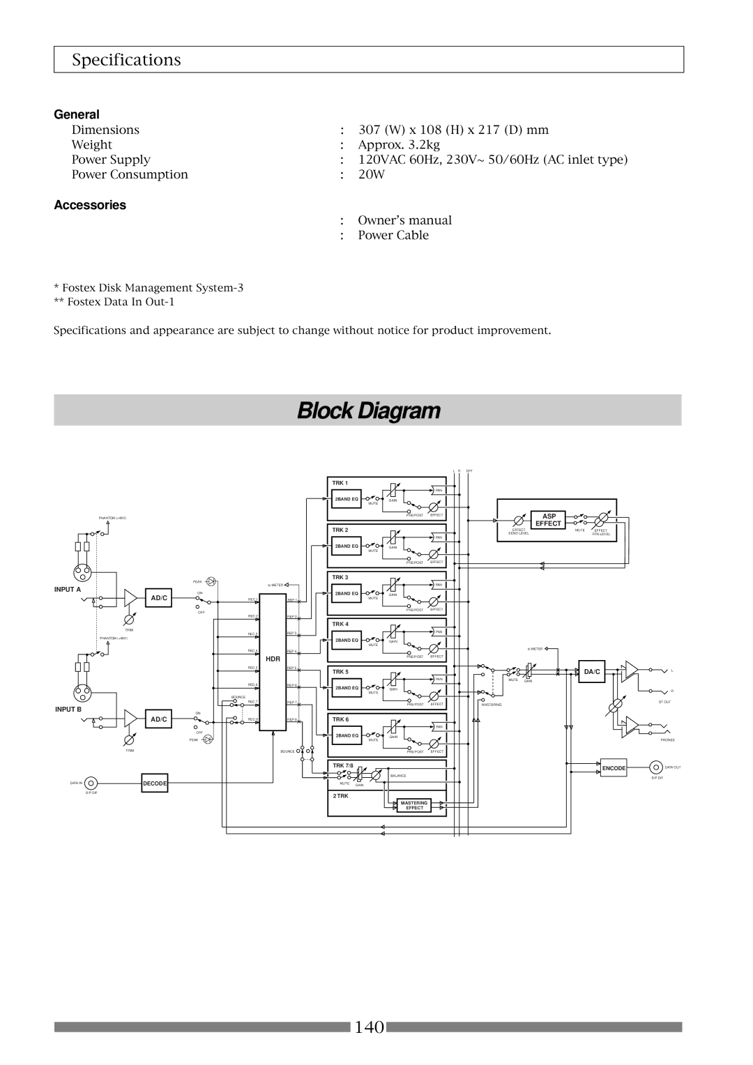 Fostex VF80 owner manual Block Diagram, General, Accessories 