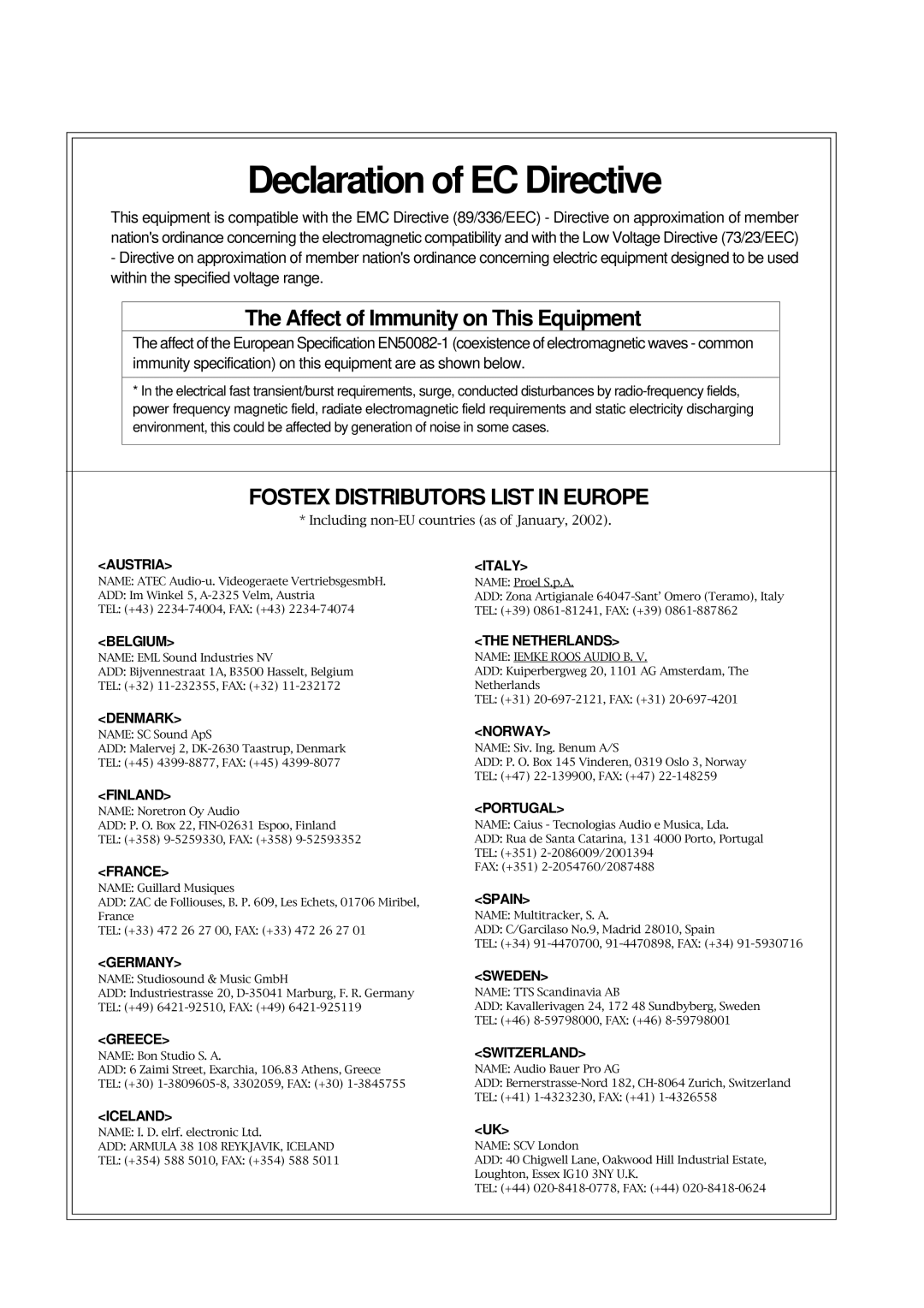 Fostex VF80 owner manual Declaration of EC Directive 