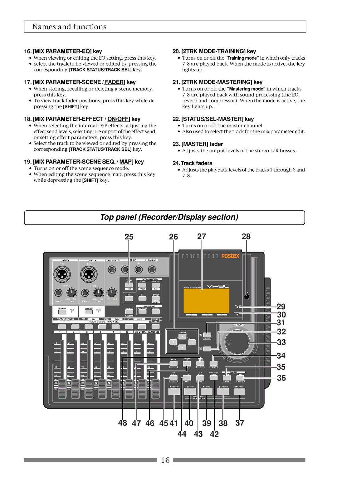 Fostex VF80 owner manual Top panel Recorder/Display section 