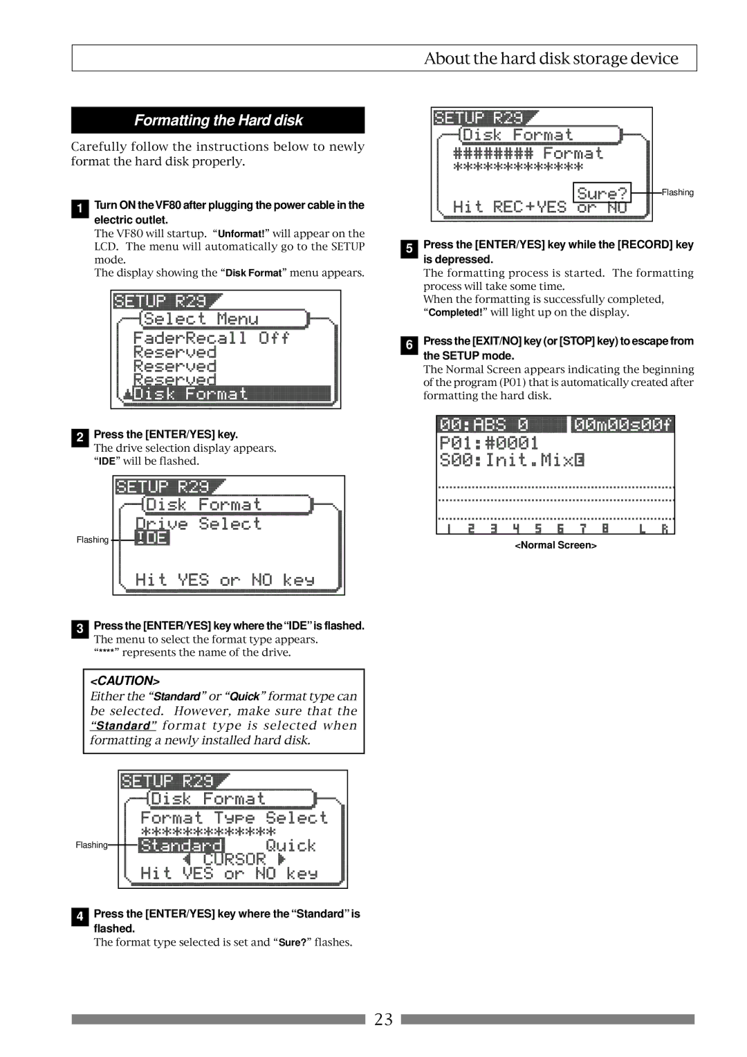 Fostex VF80 owner manual Formatting the Hard disk 