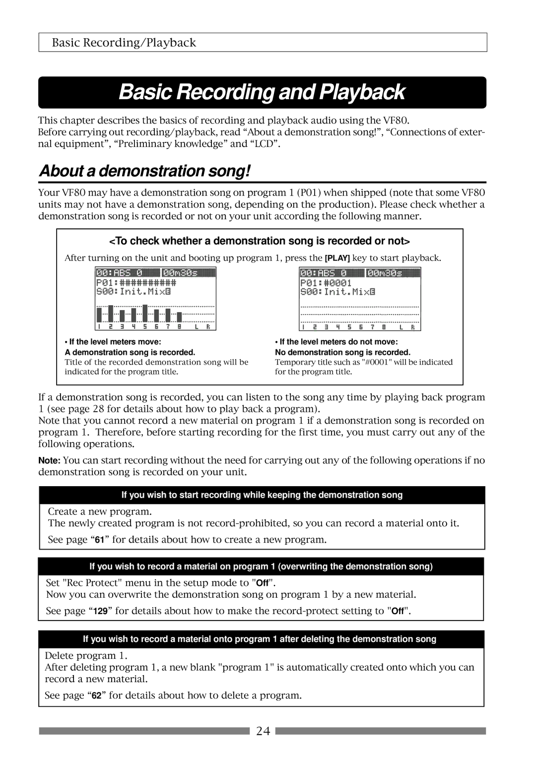 Fostex VF80 owner manual About a demonstration song, To check whether a demonstration song is recorded or not 