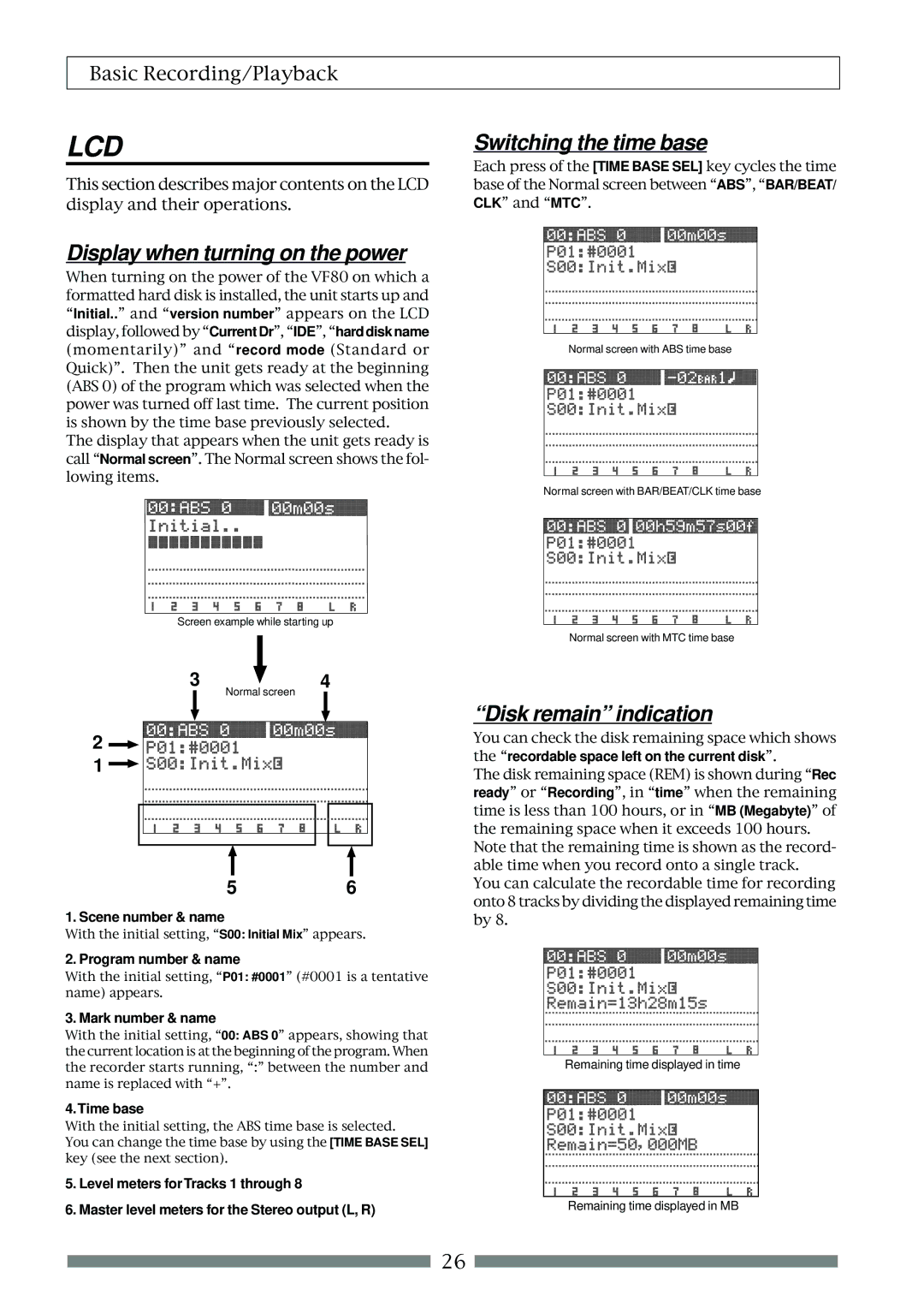 Fostex VF80 owner manual Switching the time base, Display when turning on the power, Disk remain indication 