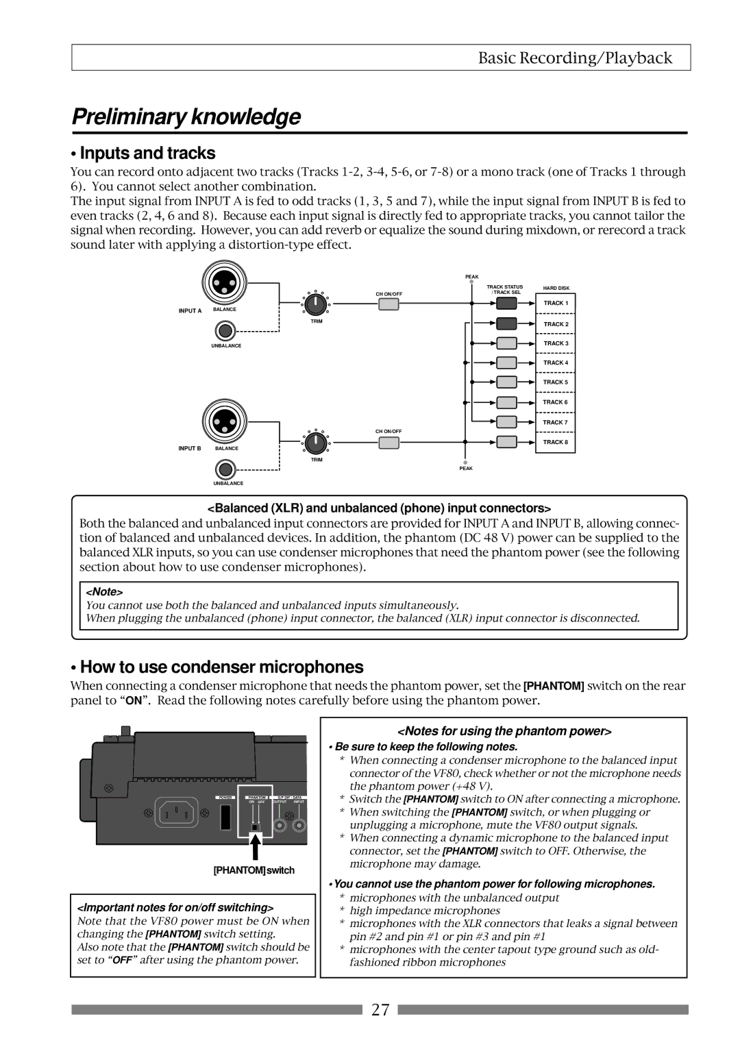 Fostex VF80 owner manual Preliminary knowledge, Balanced XLR and unbalanced phone input connectors, PHANTOMswitch 