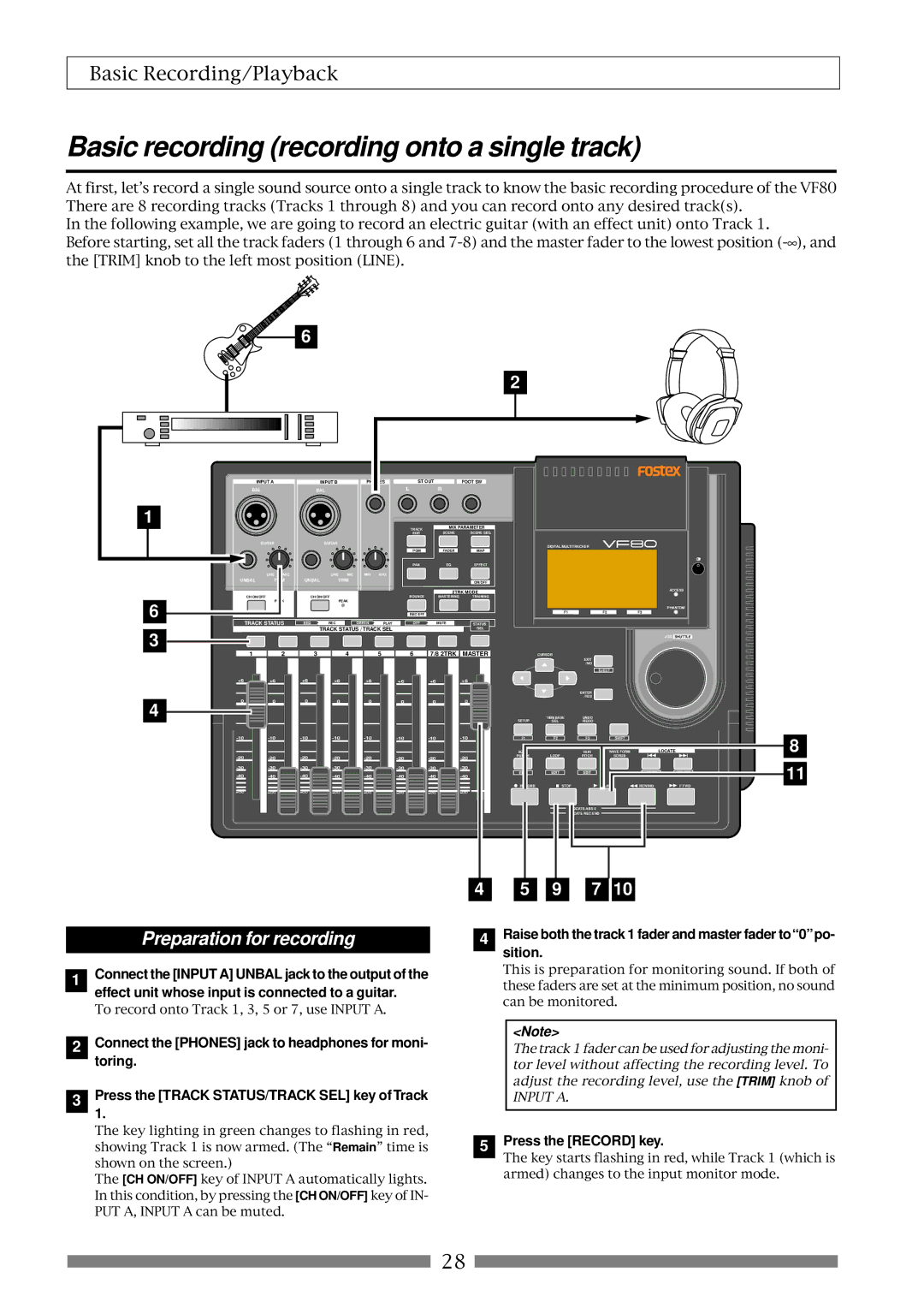 Fostex VF80 owner manual Basic recording recording onto a single track, Preparation for recording, Press the Record key 