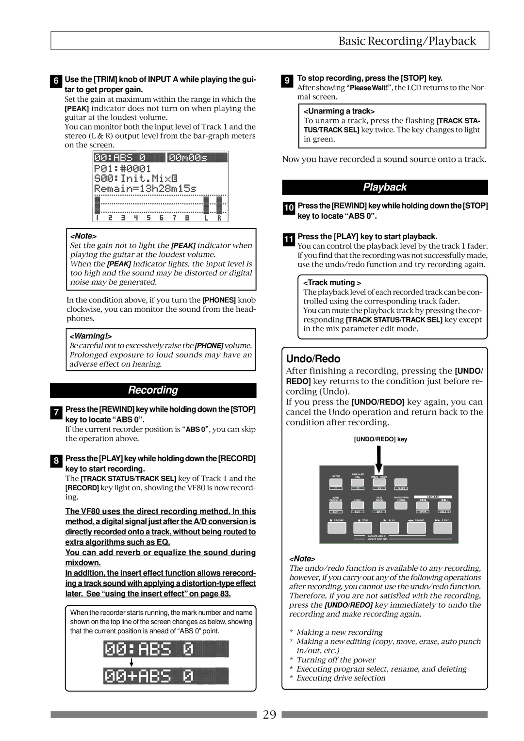 Fostex VF80 owner manual Recording, Playback, Undo/Redo 