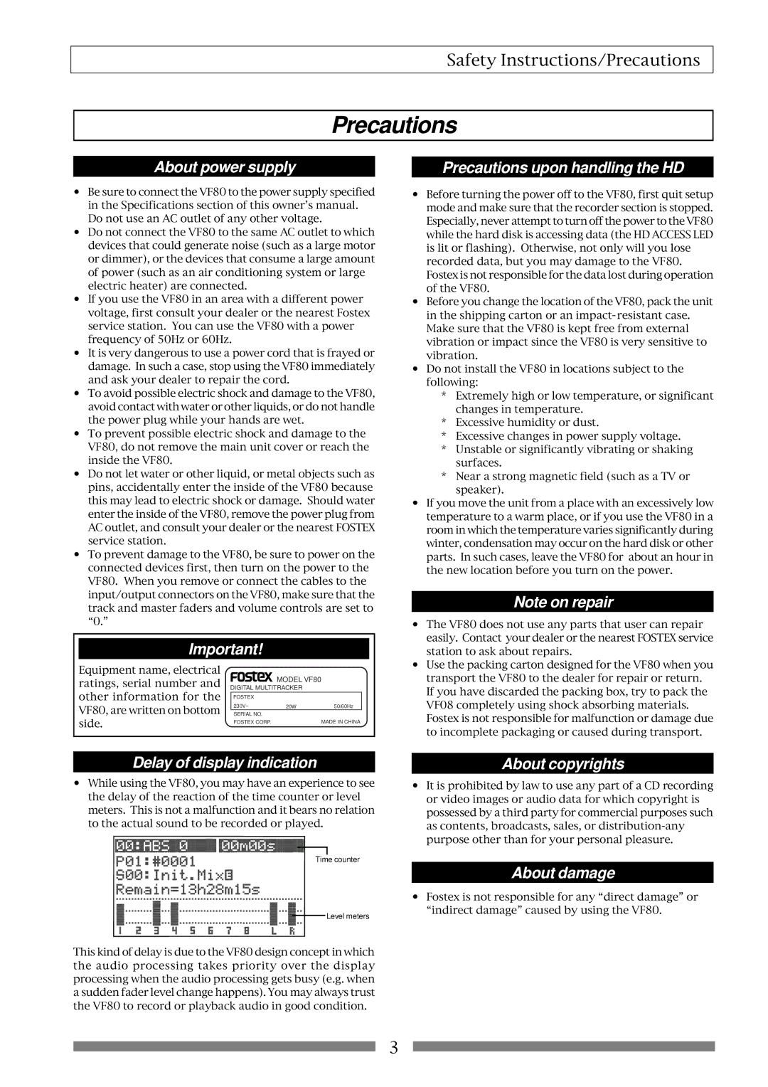 Fostex VF80 owner manual Precautions 