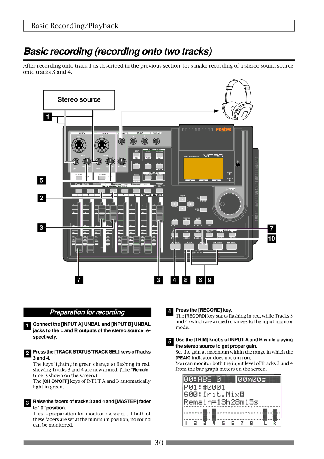 Fostex VF80 owner manual Basic recording recording onto two tracks, Stereo source, To 0 position 