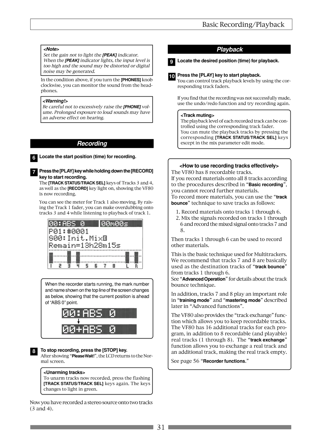 Fostex VF80 owner manual How to use recording tracks effectively, Unarming tracks, See page 56 Recorder functions 