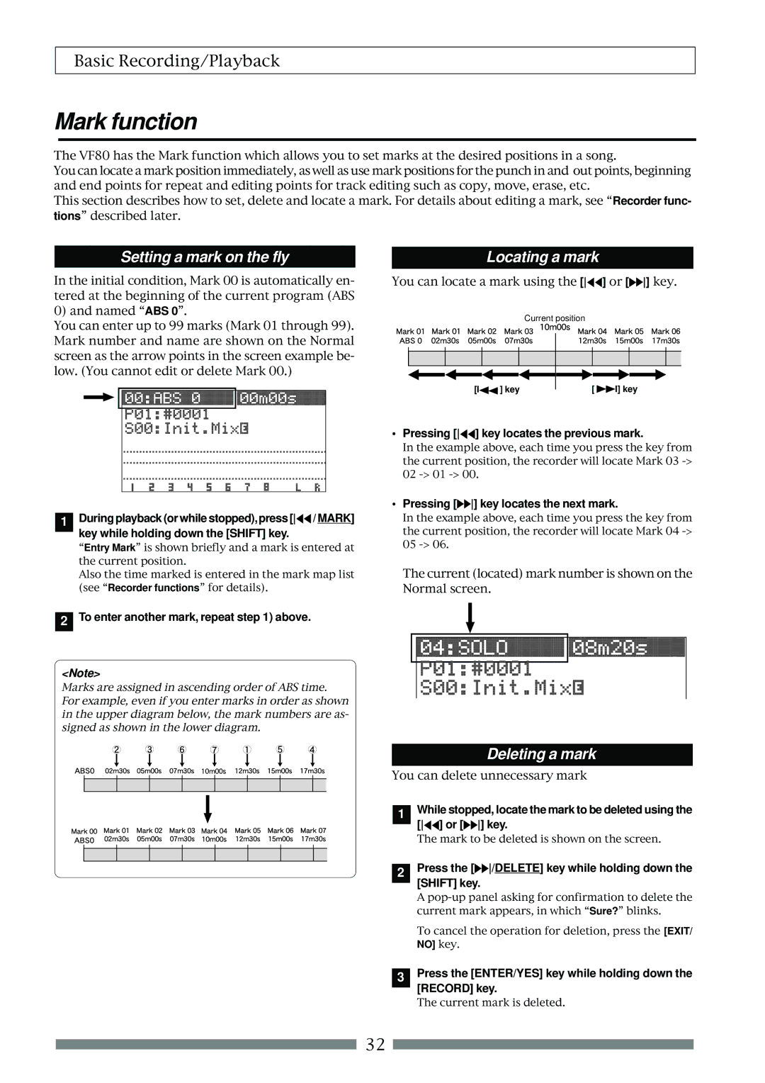 Fostex VF80 owner manual Mark function, Setting a mark on the fly, Locating a mark, Deleting a mark 