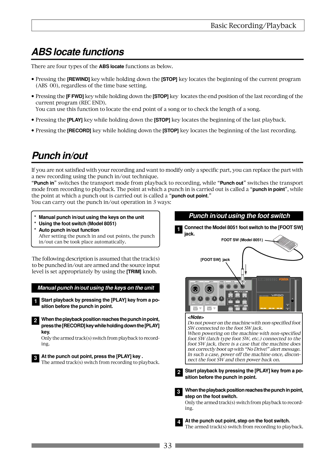 Fostex VF80 owner manual ABS locate functions, Punch in/out using the foot switch 