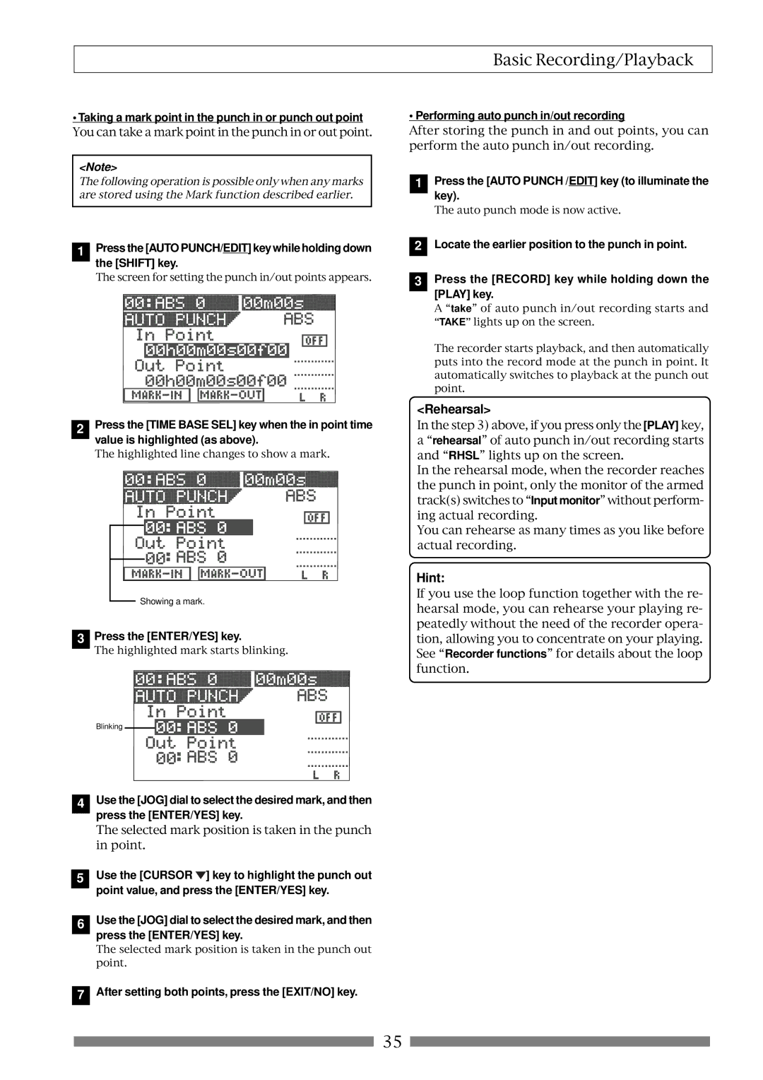 Fostex VF80 owner manual Rehearsal, Hint, Taking a mark point in the punch in or punch out point 