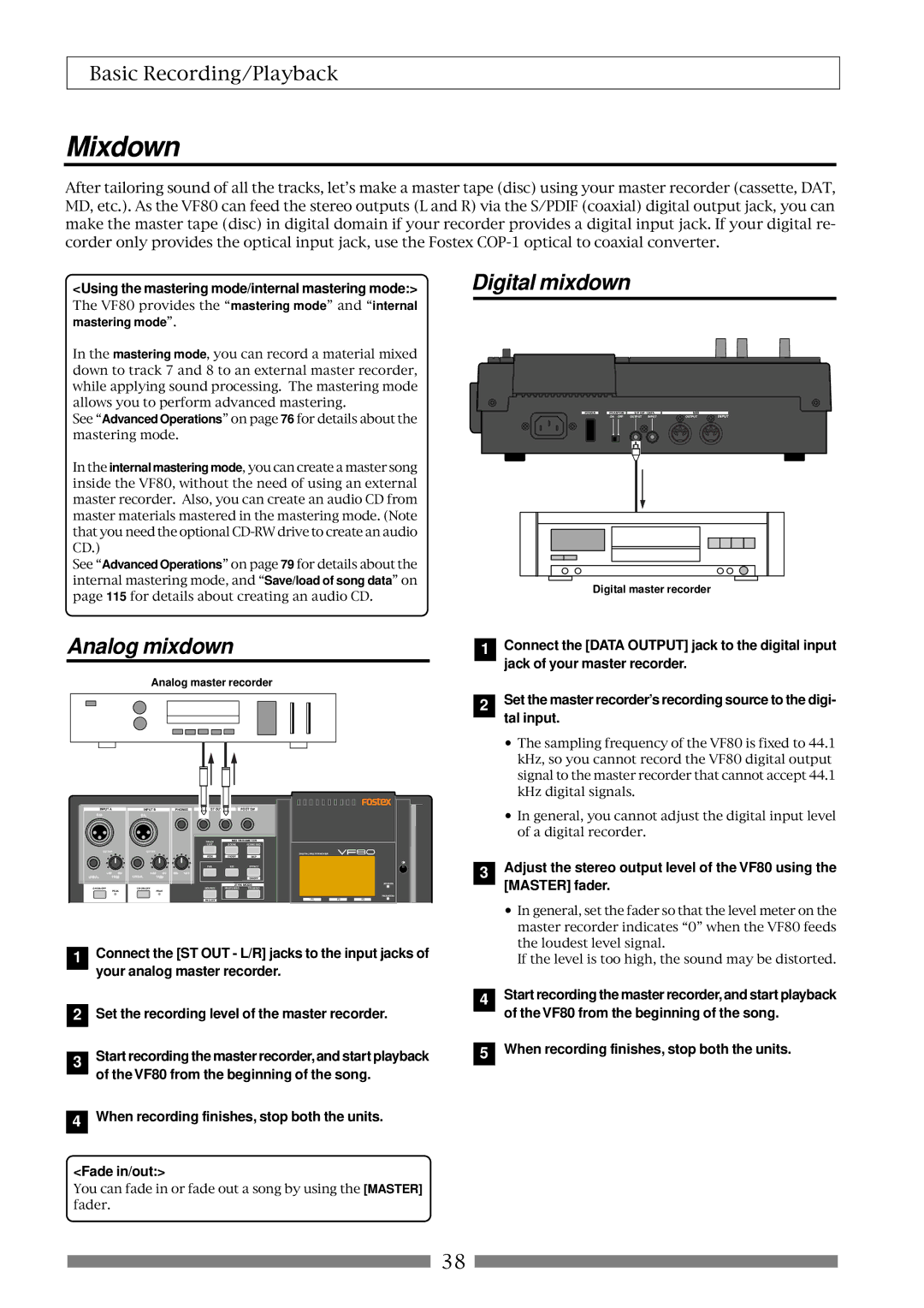 Fostex VF80 owner manual Mixdown, Digital mixdown, Analog mixdown 