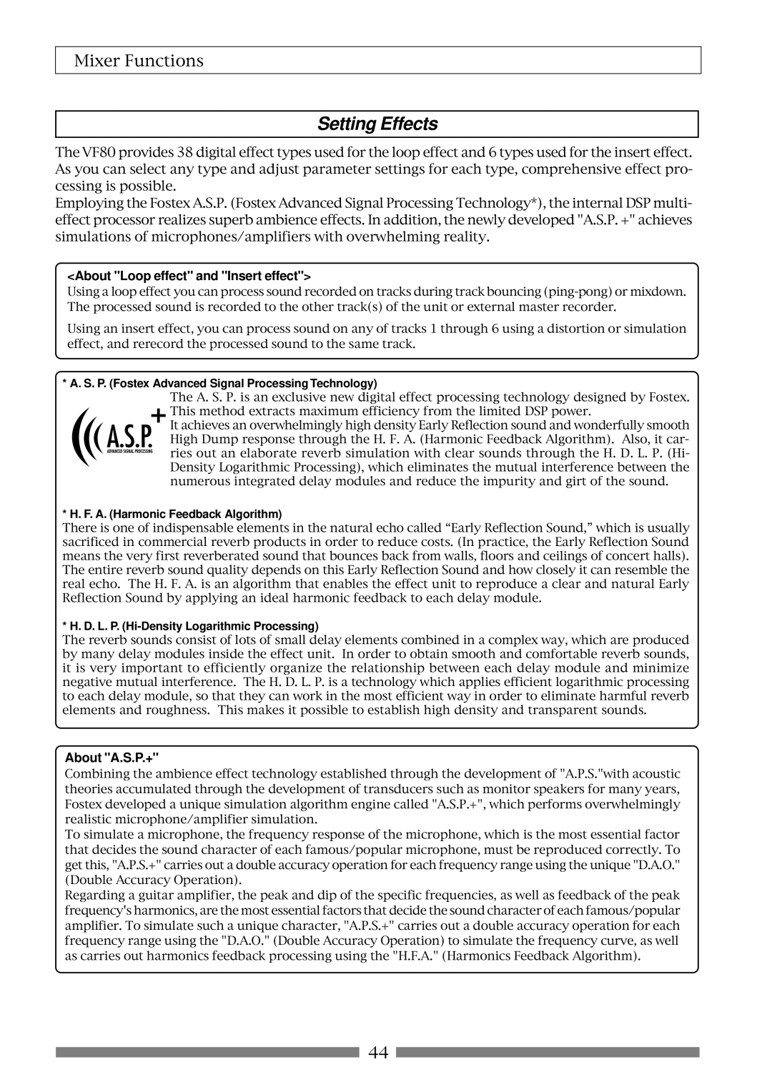 Fostex VF80 owner manual Setting Effects, About Loop effect and Insert effect, About A.S.P.+ 