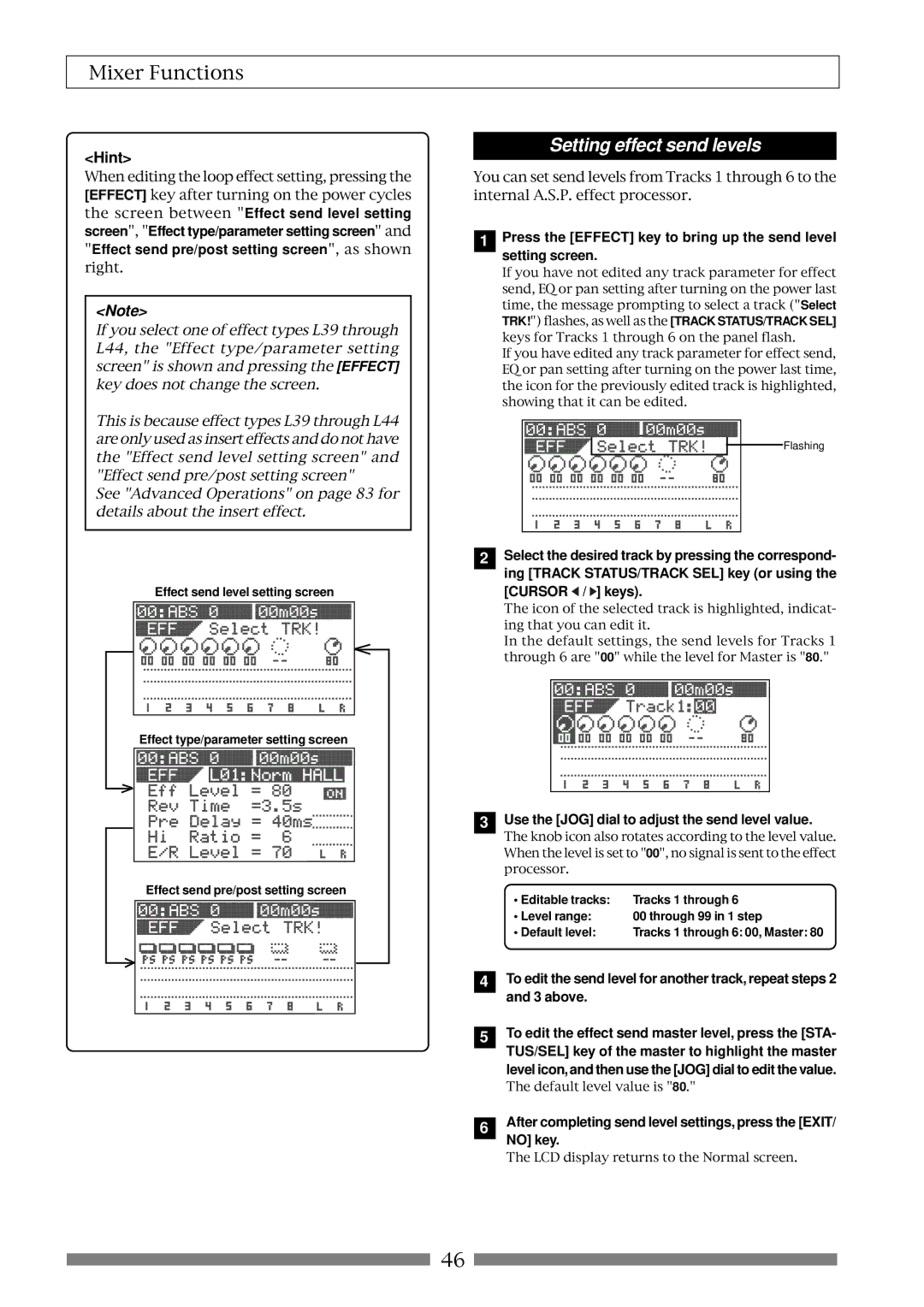 Fostex VF80 owner manual Setting effect send levels, Use the JOG dial to adjust the send level value 