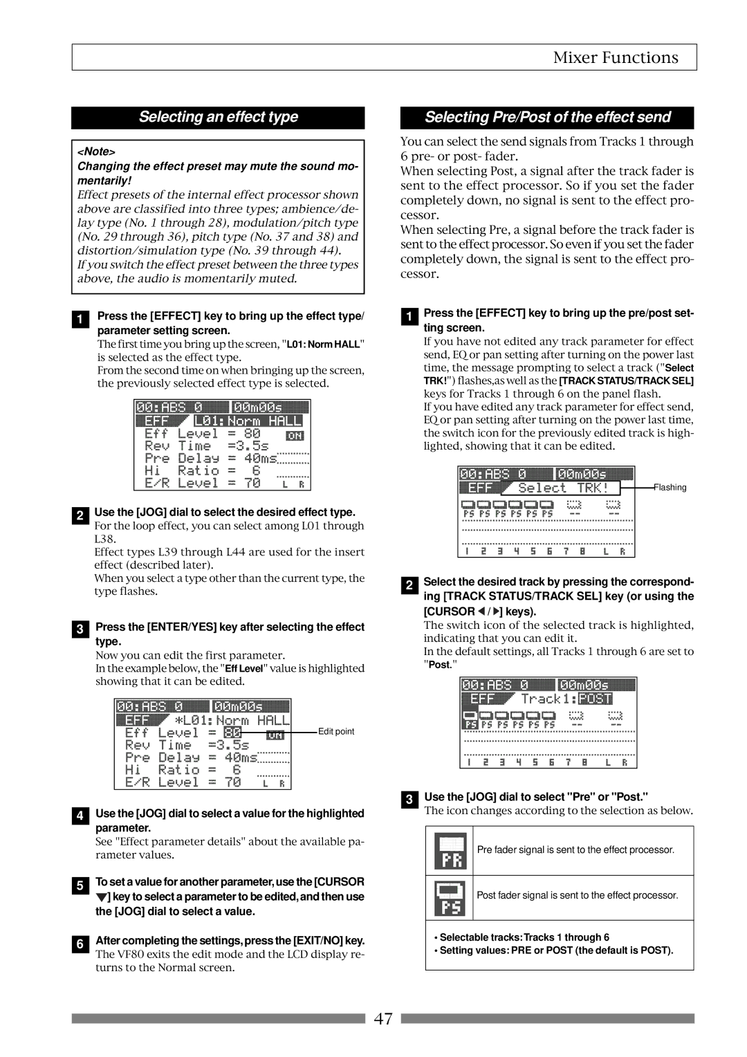 Fostex VF80 Selecting an effect type, Selecting Pre/Post of the effect send, Use the JOG dial to select Pre or Post 