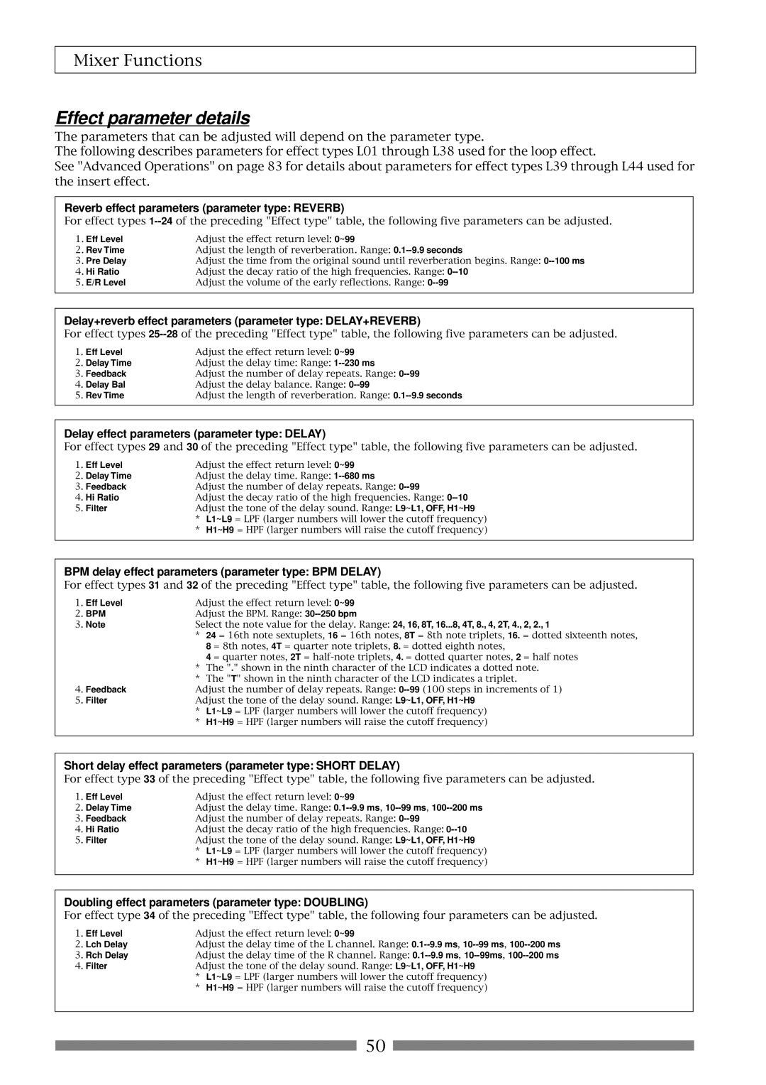 Fostex VF80 owner manual Effect parameter details 