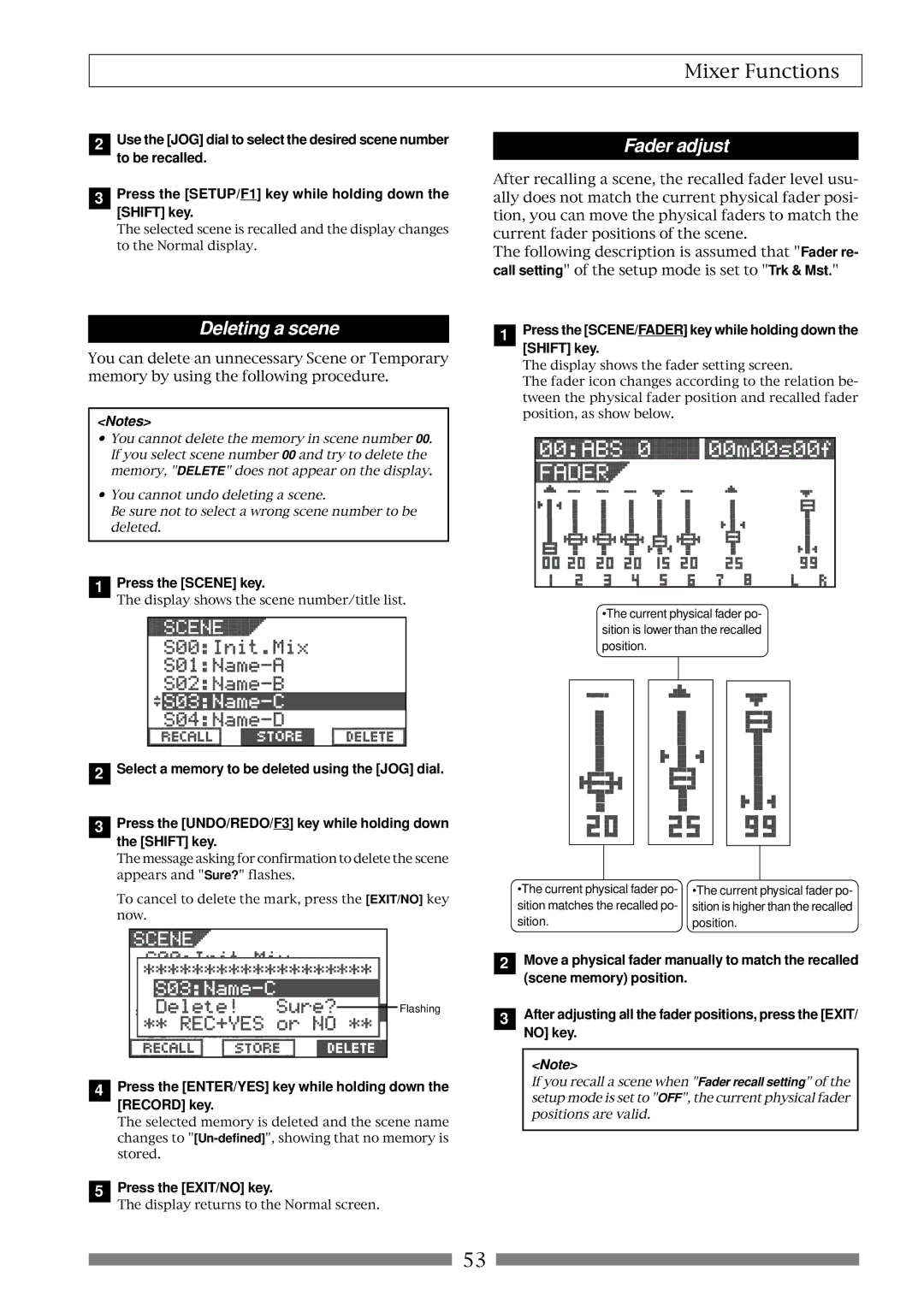 Fostex VF80 owner manual Deleting a scene, Fader adjust 