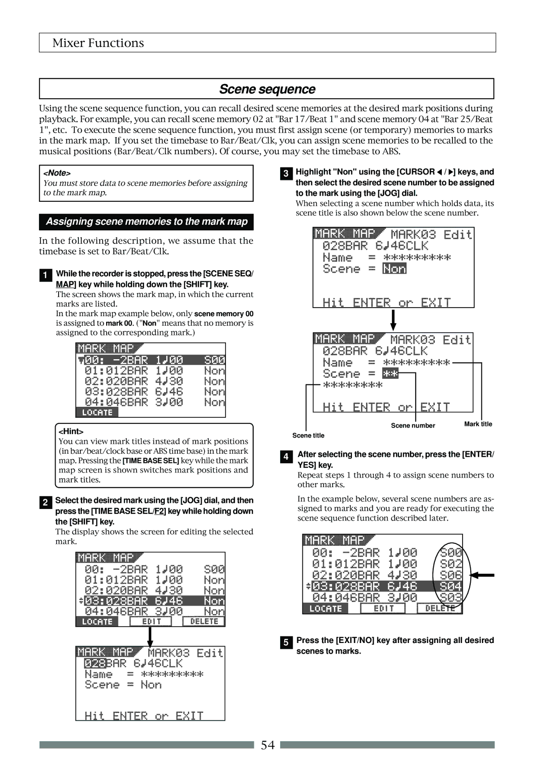 Fostex VF80 owner manual Scene sequence, After selecting the scene number, press the ENTER/ YES key 