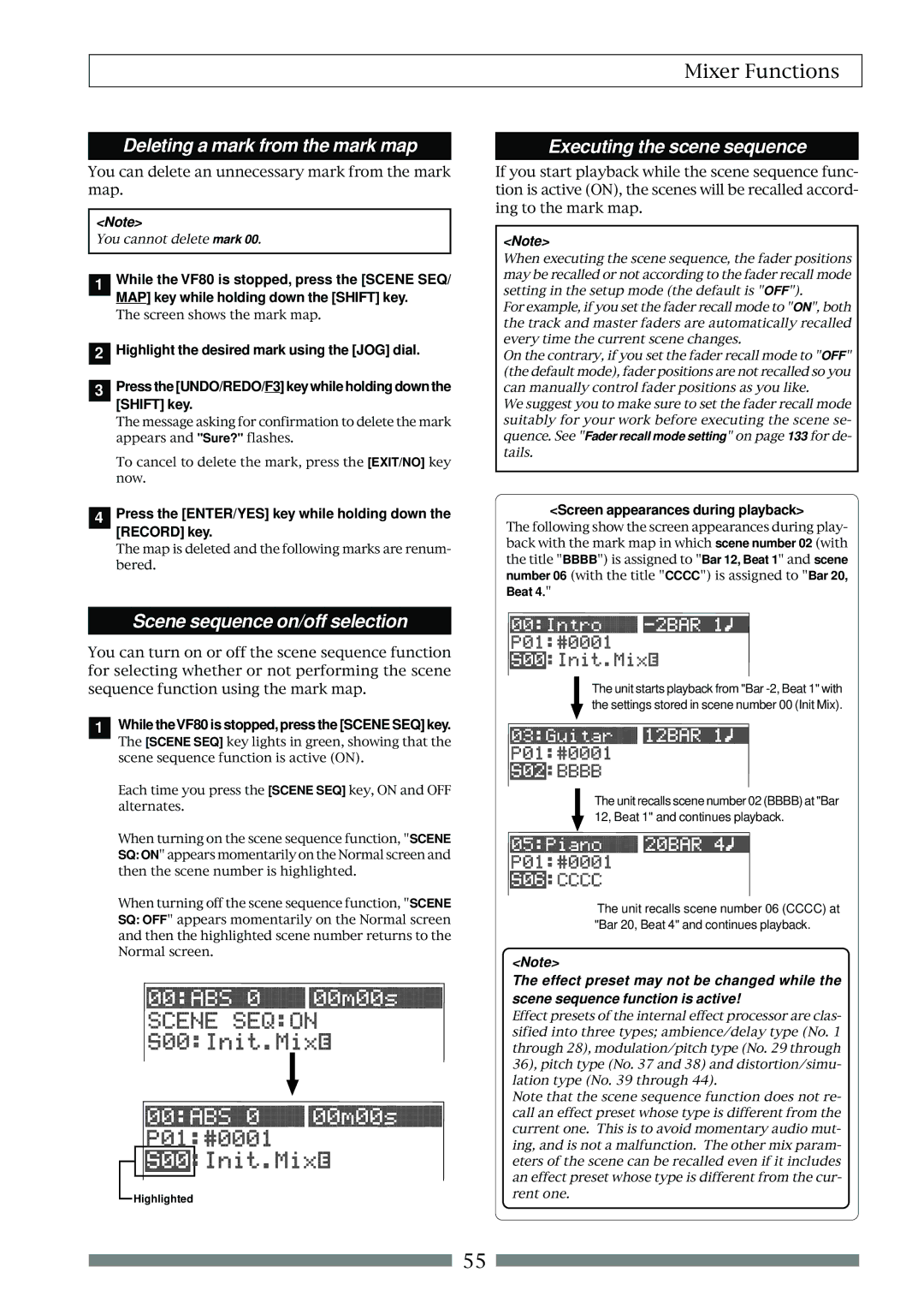 Fostex VF80 owner manual Deleting a mark from the mark map, Scene sequence on/off selection, Executing the scene sequence 