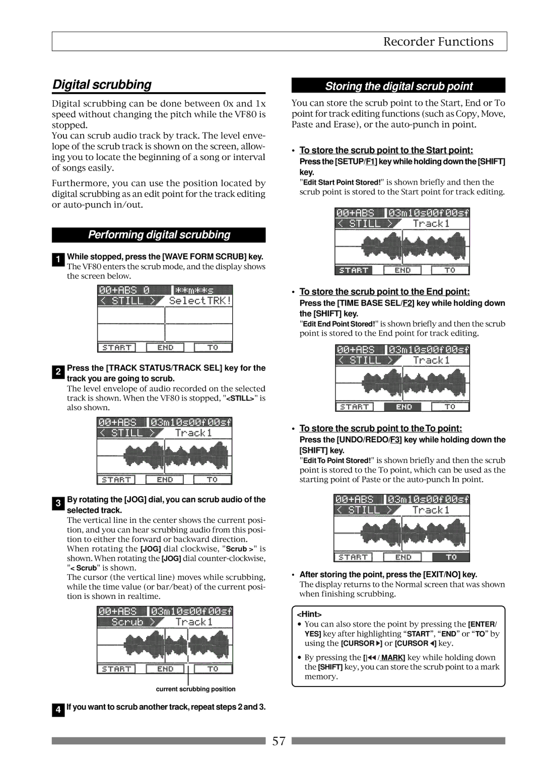 Fostex VF80 owner manual Digital scrubbing, Storing the digital scrub point, Performing digital scrubbing 