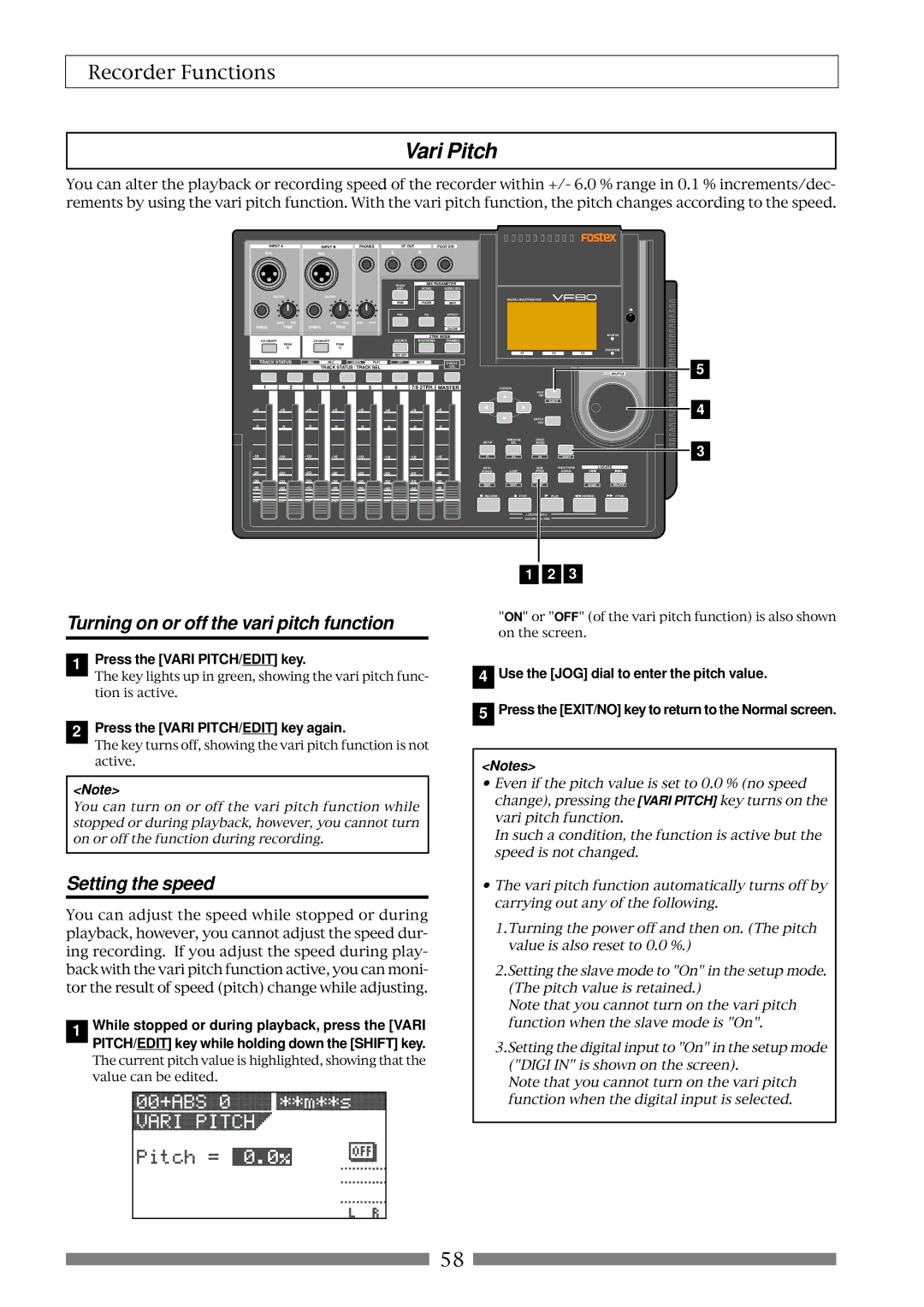 Fostex VF80 owner manual Vari Pitch, Press the Vari PITCH/EDIT key, Press the EXIT/NO key to return to the Normal screen 