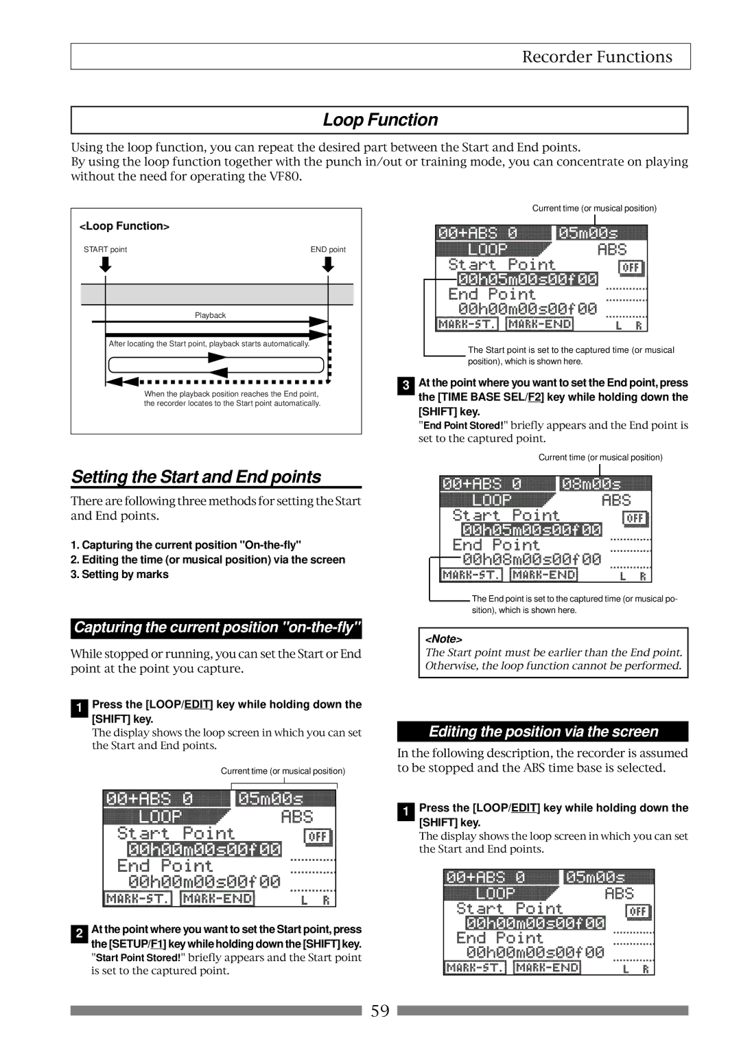 Fostex VF80 owner manual Loop Function, Setting the Start and End points, Capturing the current position on-the-fly 