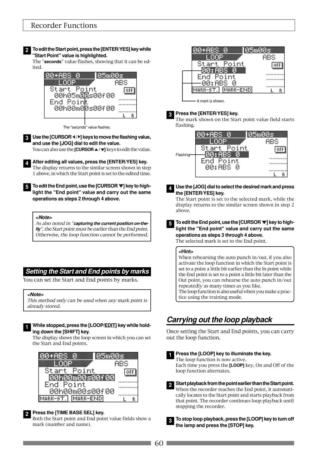 Fostex VF80 owner manual Carrying out the loop playback, Setting the Start and End points by marks 