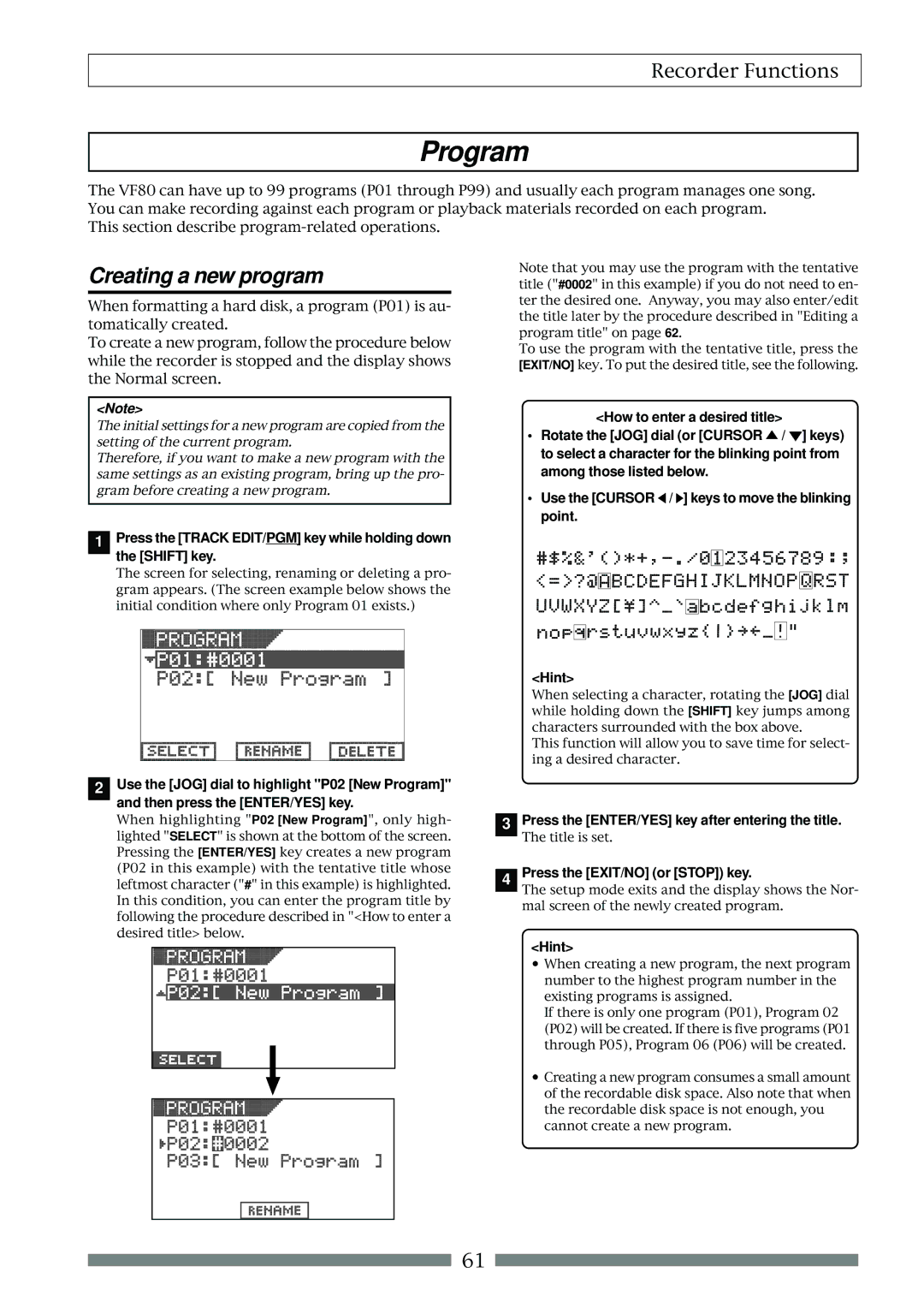 Fostex VF80 owner manual Program, Creating a new program, Press the ENTER/YES key after entering the title 