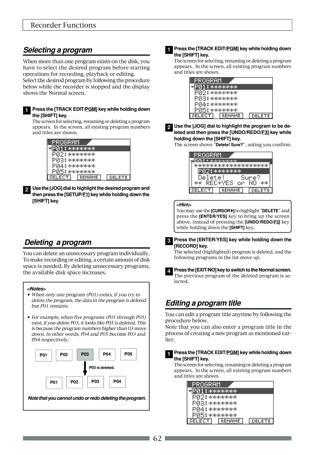 Fostex VF80 owner manual Selecting a program, Deleting a program, Editing a program title 