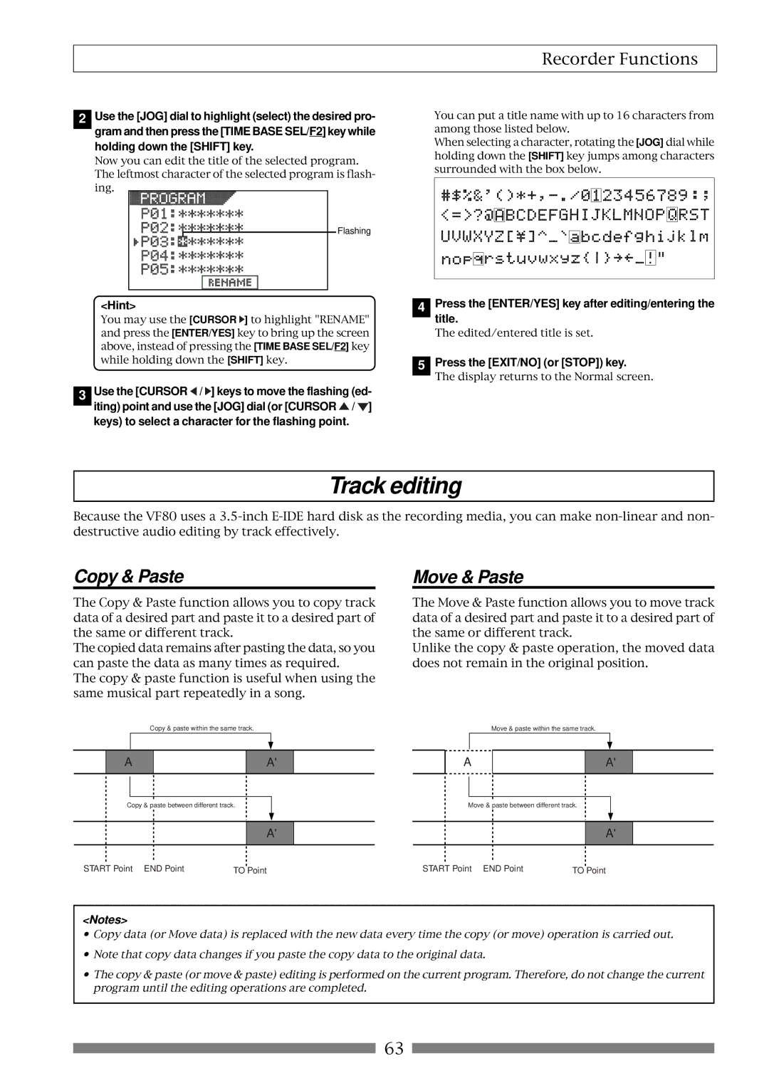 Fostex VF80 Track editing, Copy & Paste, Move & Paste, Press the ENTER/YES key after editing/entering the title 