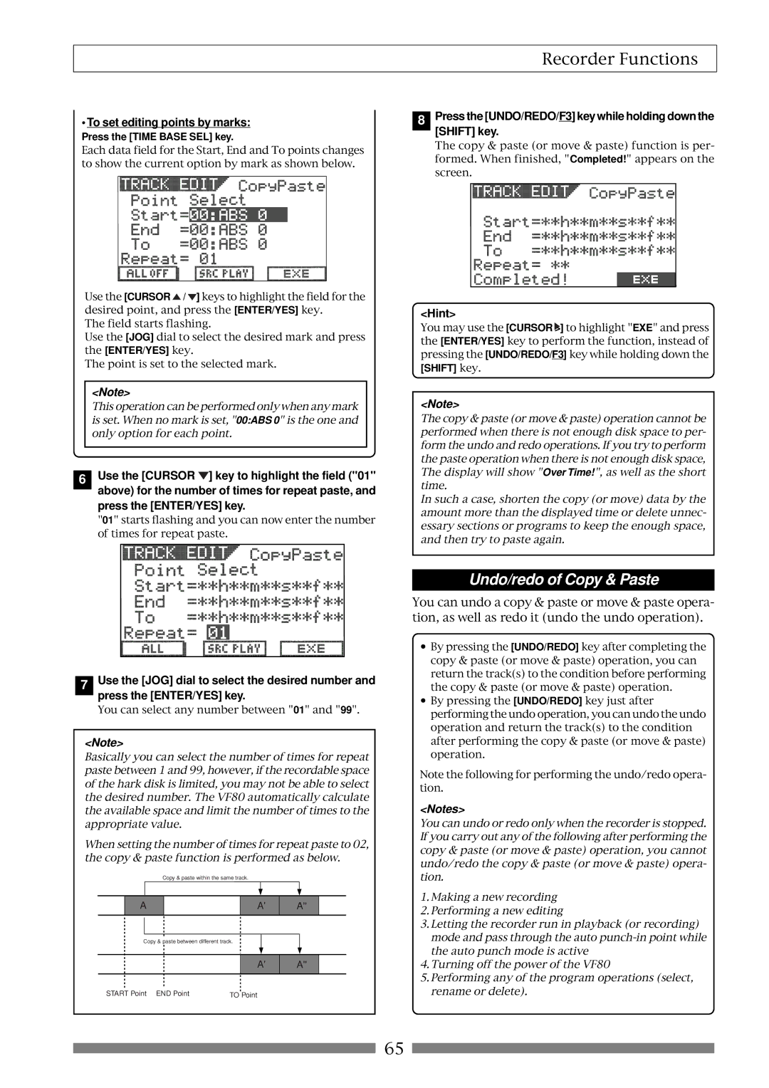 Fostex VF80 owner manual Undo/redo of Copy & Paste, To set editing points by marks, Press the Time Base SEL key 