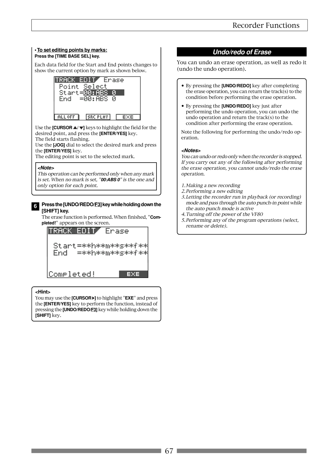 Fostex VF80 owner manual Undo/redo of Erase 