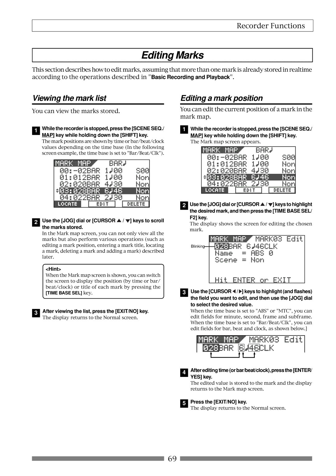 Fostex VF80 owner manual Editing Marks, Viewing the mark list, Editing a mark position 